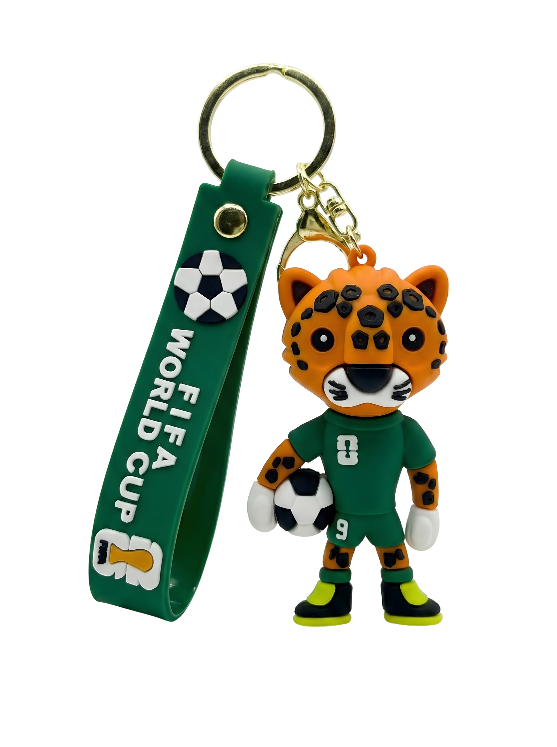 FIFA World Cup keychain with a green wrist strap and a small orange leopard mascot wearing a green soccer uniform and holding a soccer ball.