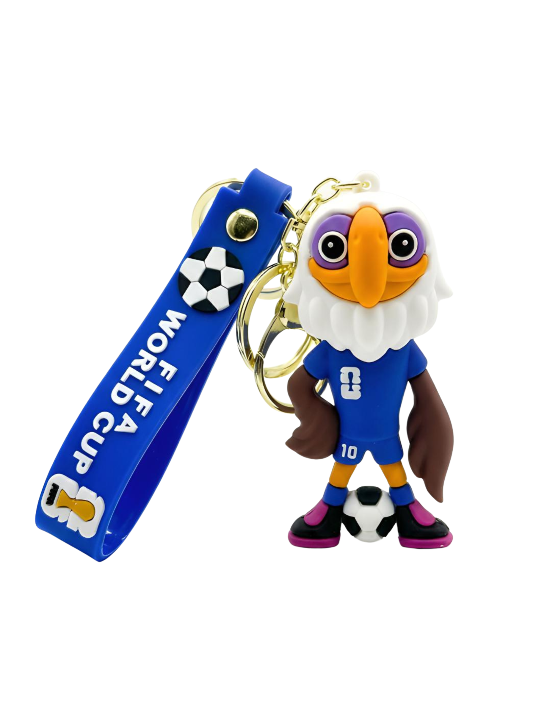 Keychain featuring an eagle mascot in a blue soccer uniform with the number 10. A blue wrist strap attached is embossed with "FIFA WORLD CUP" and a soccer ball.
