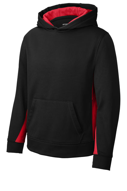 Sport Tek Youth Tech Fleece Colorblock Hoodie - Black/Deep Red