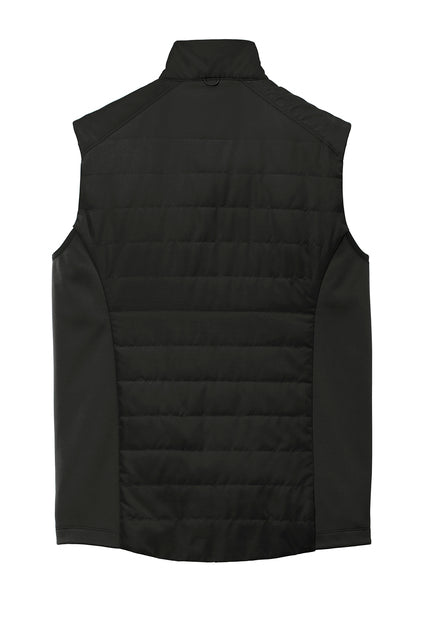 Rear view of a black sleeveless vest with a horizontally quilted center panel and smooth side panels.
