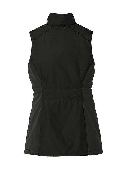 Back view of a black sleeveless vest with a stand-up collar and contoured side panels.