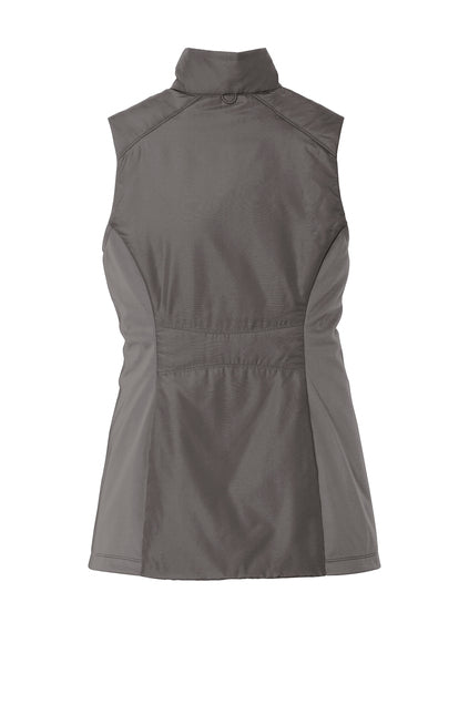 Back view of a dark grey sleeveless vest with a high collar and side panels.