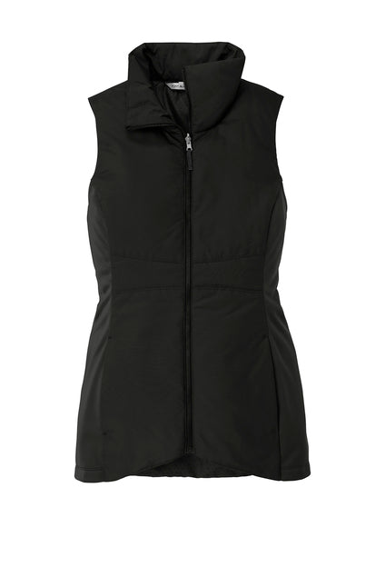 A black sleeveless puffer vest with a high collar, full-length front zipper, and contoured side panels, shown on a plain white background.