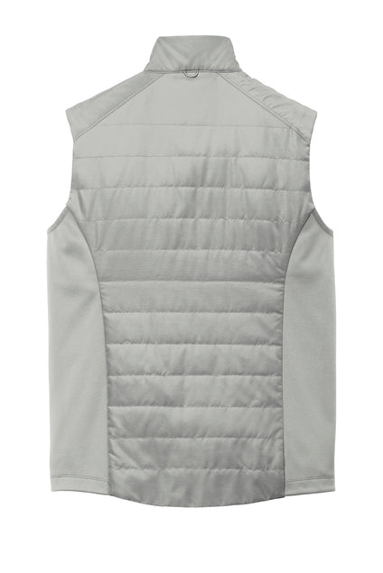 Back view of a light gray sleeveless vest featuring horizontal quilting on the center body, smooth side panels, and a stand-up collar with a small ring at the base.