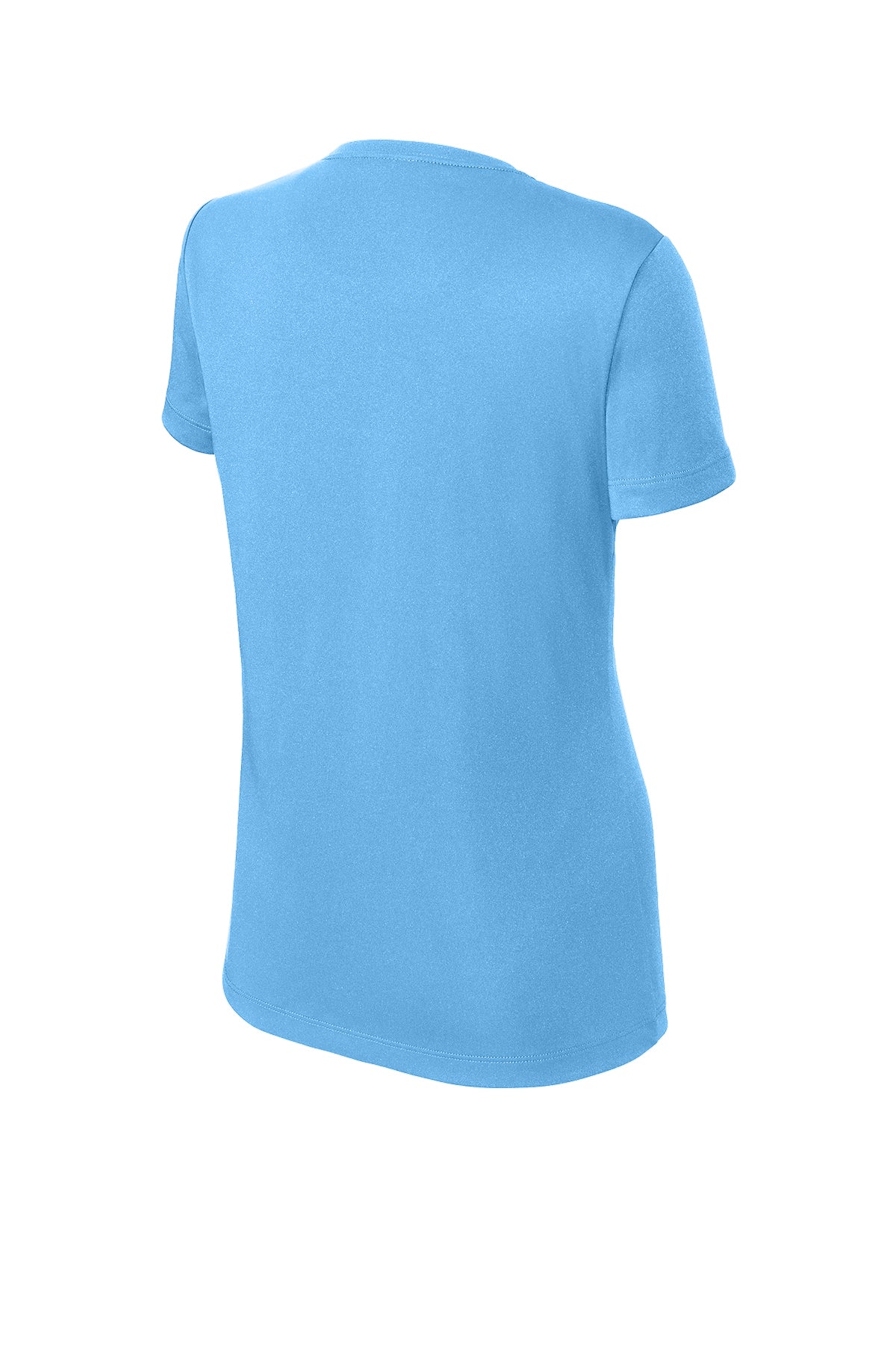 A back-facing view of a light blue, short-sleeved performance t-shirt with a crew neckline on a white background.