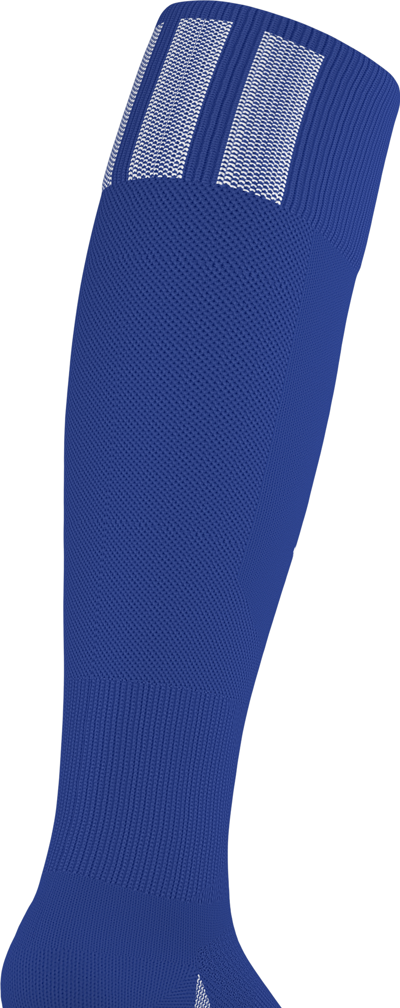 A single blue soccer sock with three white stripes around the top cuff, shown against a black background.