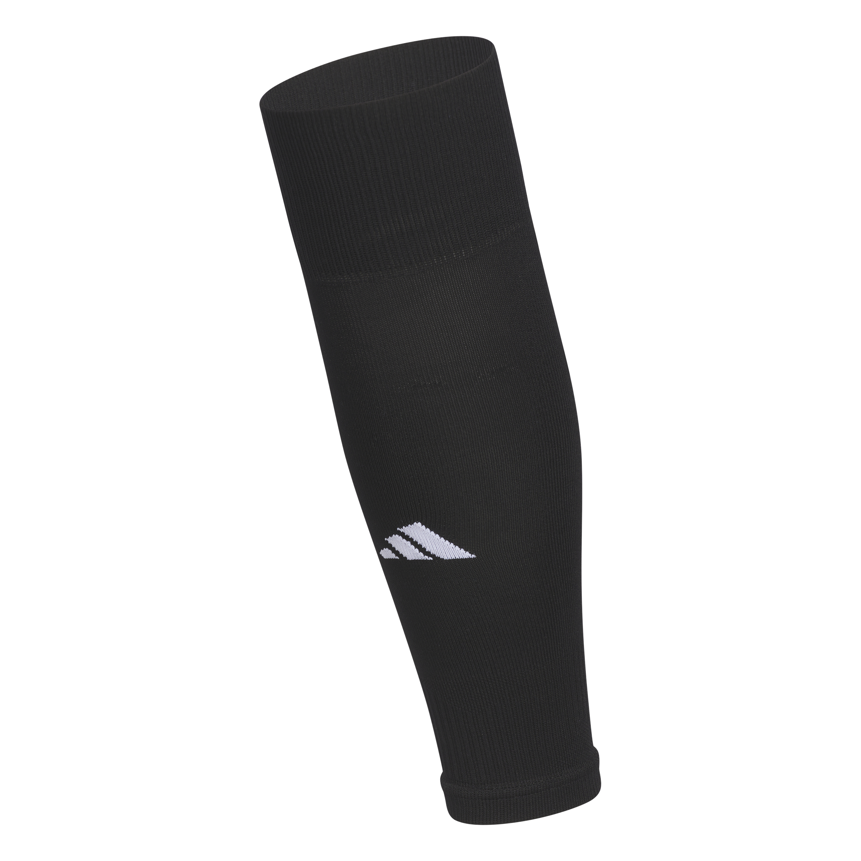 Black Adidas shin guard sleeve featuring a white 3-bar logo and ribbed cuffs.