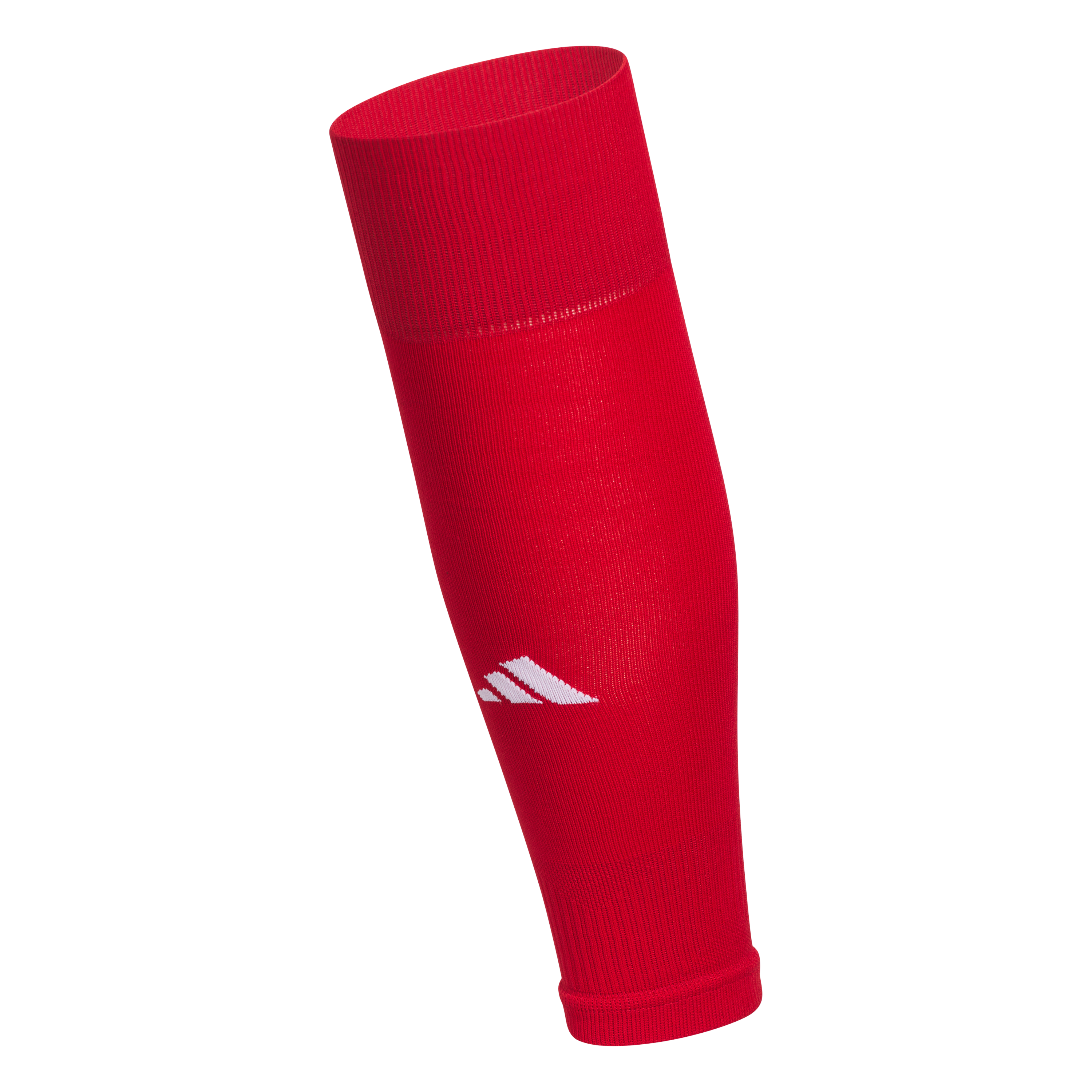 A bright red Adidas compression leg sleeve featuring a small white brand logo near the bottom hem.