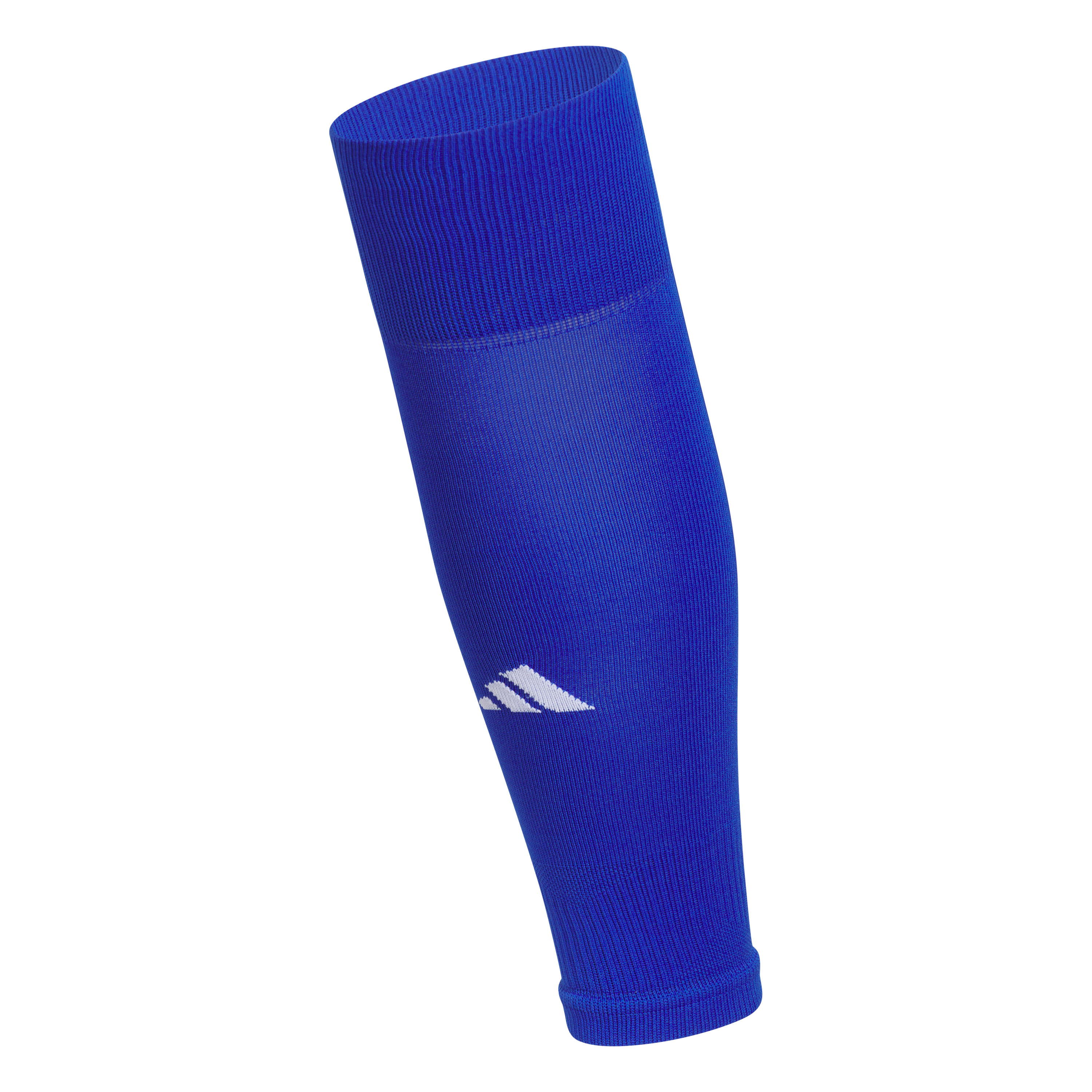 Royal blue Adidas leg compression sleeve featuring a white logo near the ankle and ribbed cuffs at both ends.