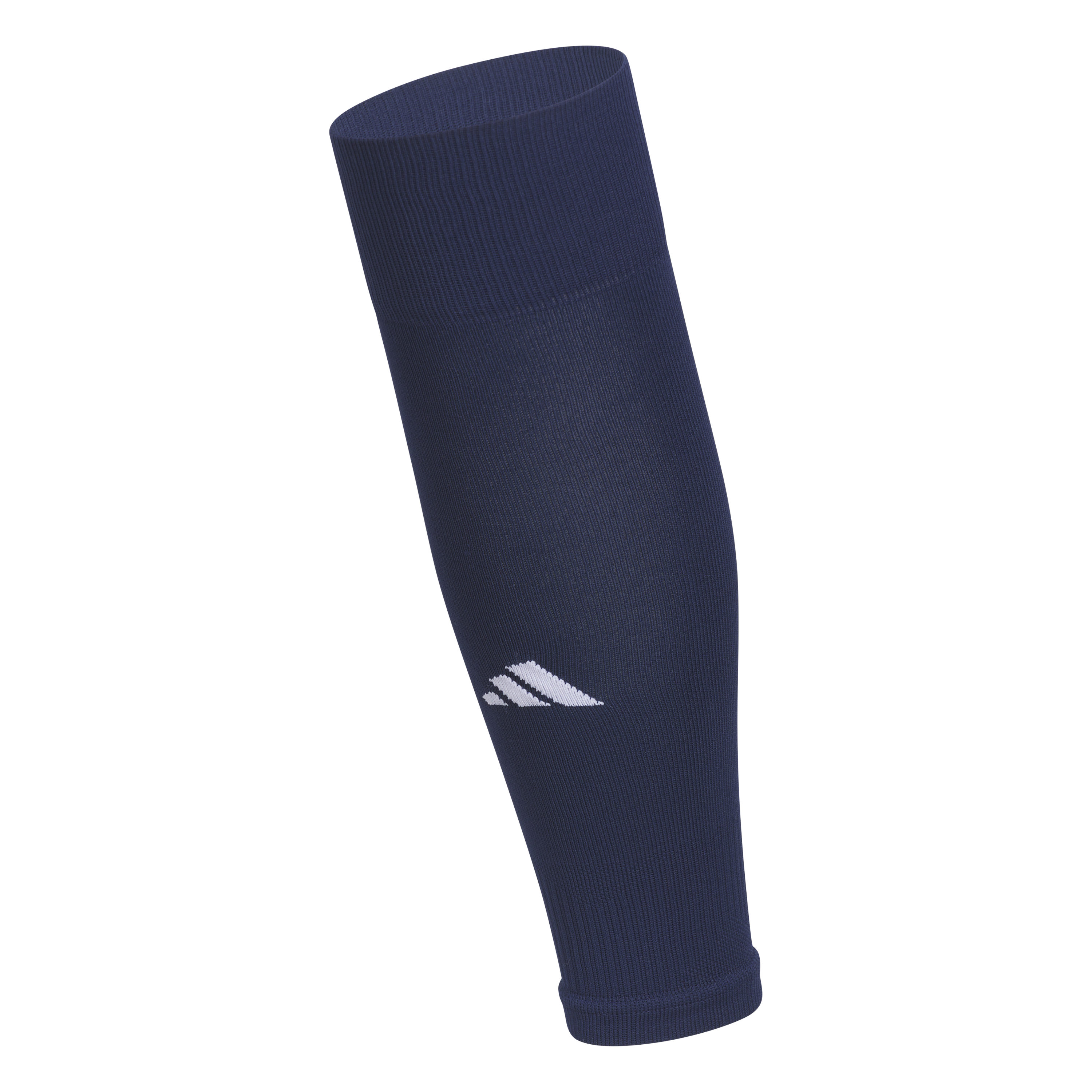 A dark blue Adidas athletic compression sleeve with a white logo on a white background.