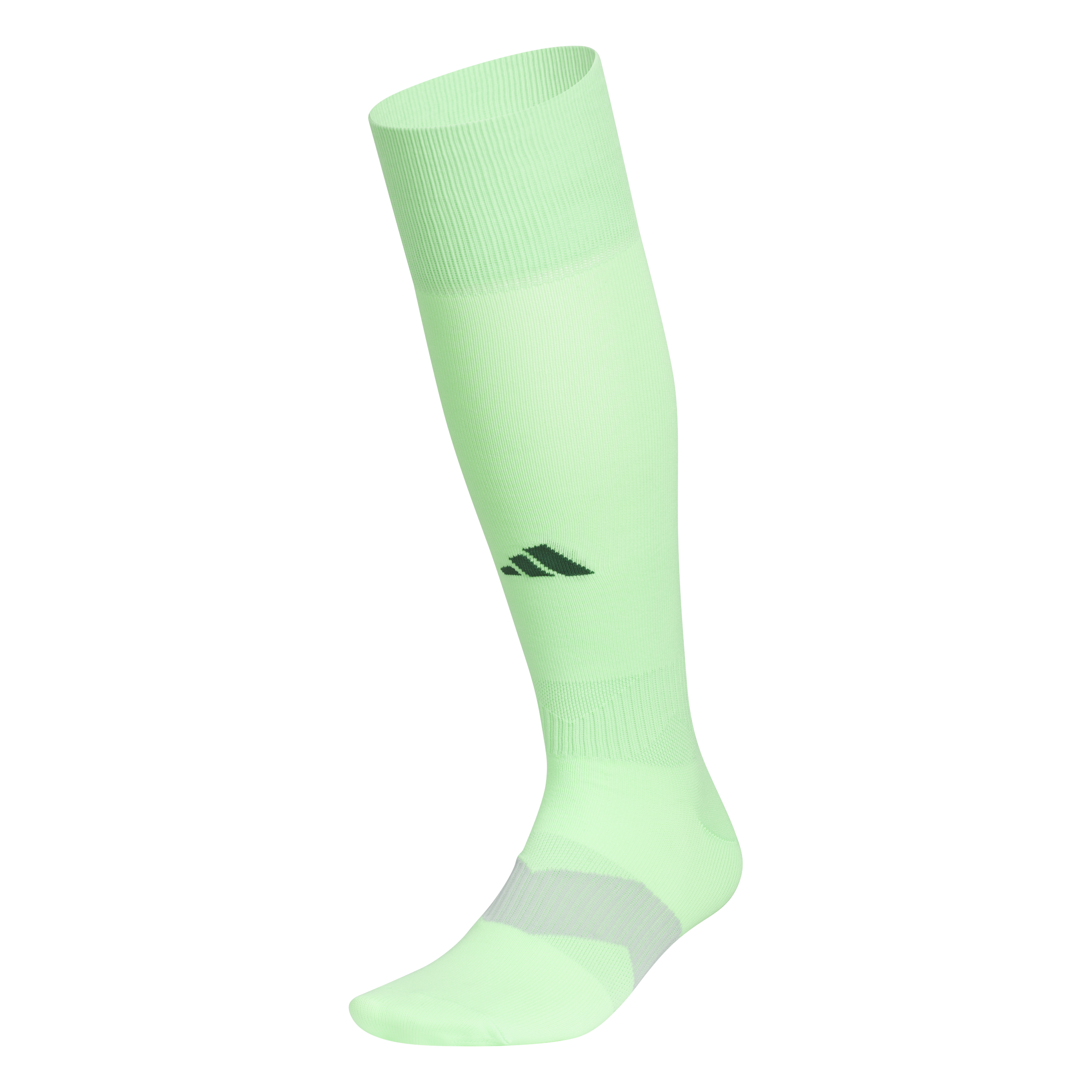 Mint green knee-high Adidas athletic sock on a leg form, featuring a dark green logo and grey arch compression band.