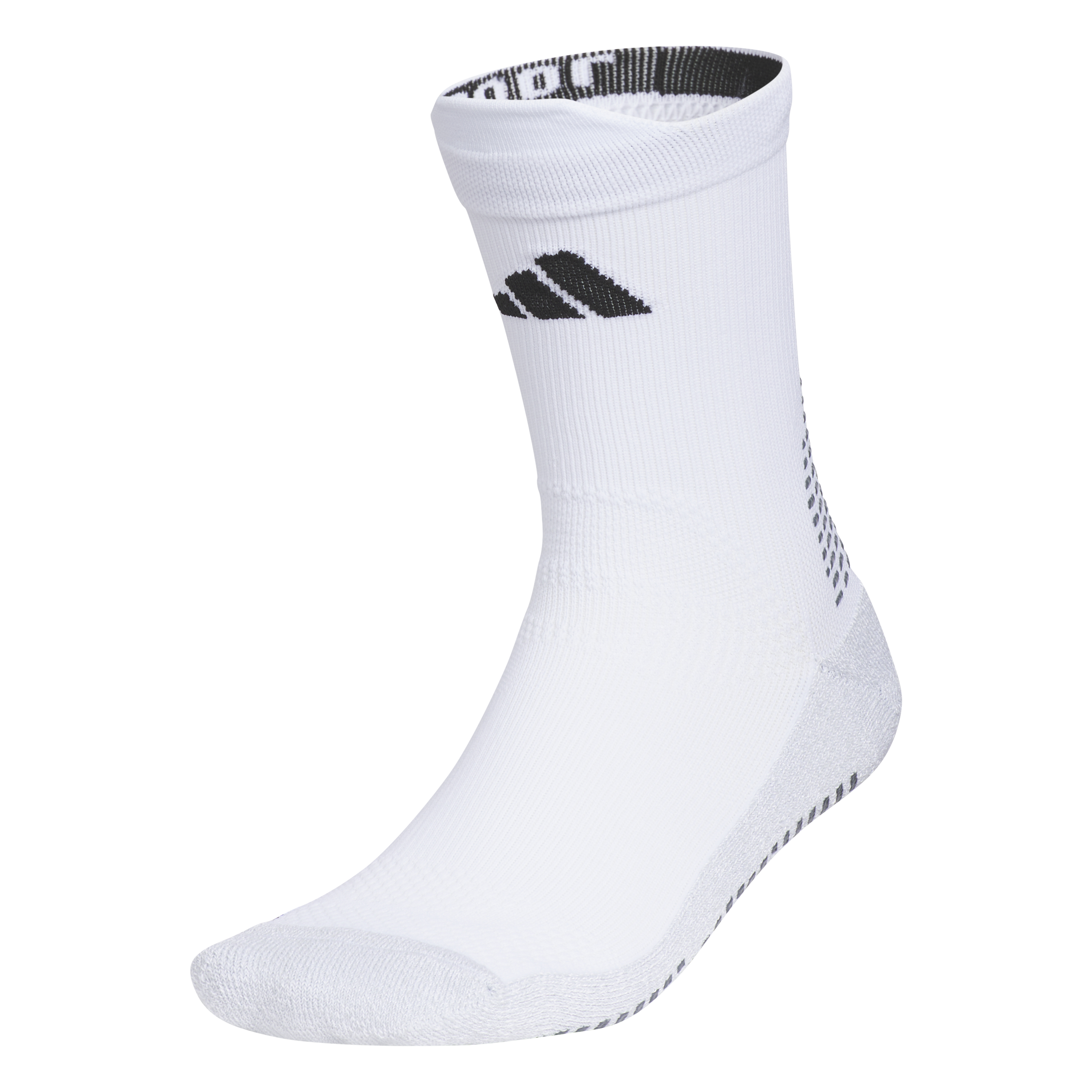 White crew-length Adidas athletic sock with a black logo on the ankle and grey textured grip pads on the heel and sole.