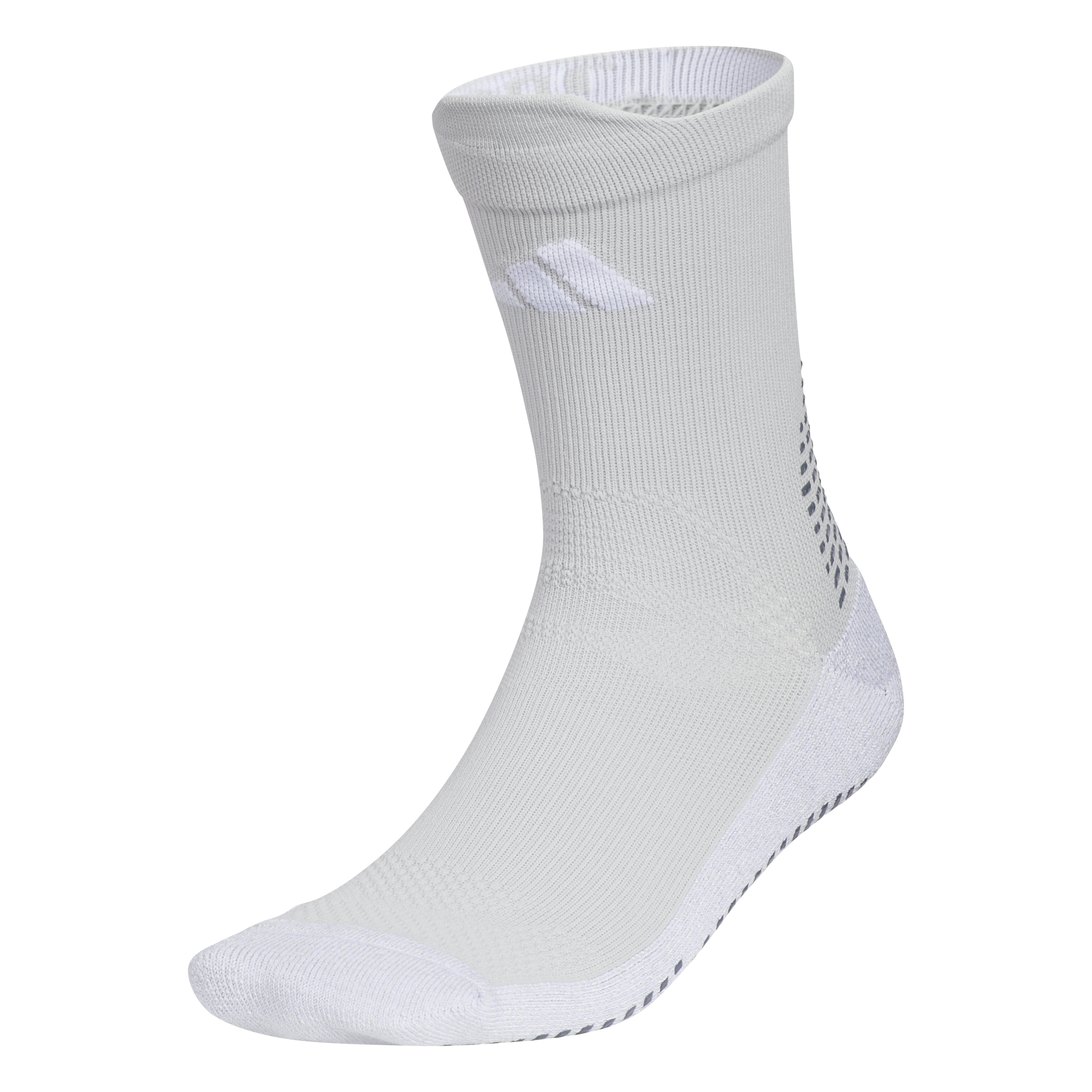 White Adidas crew-length athletic sock with a ribbed leg and reinforced toe and heel, shown against a neutral background.