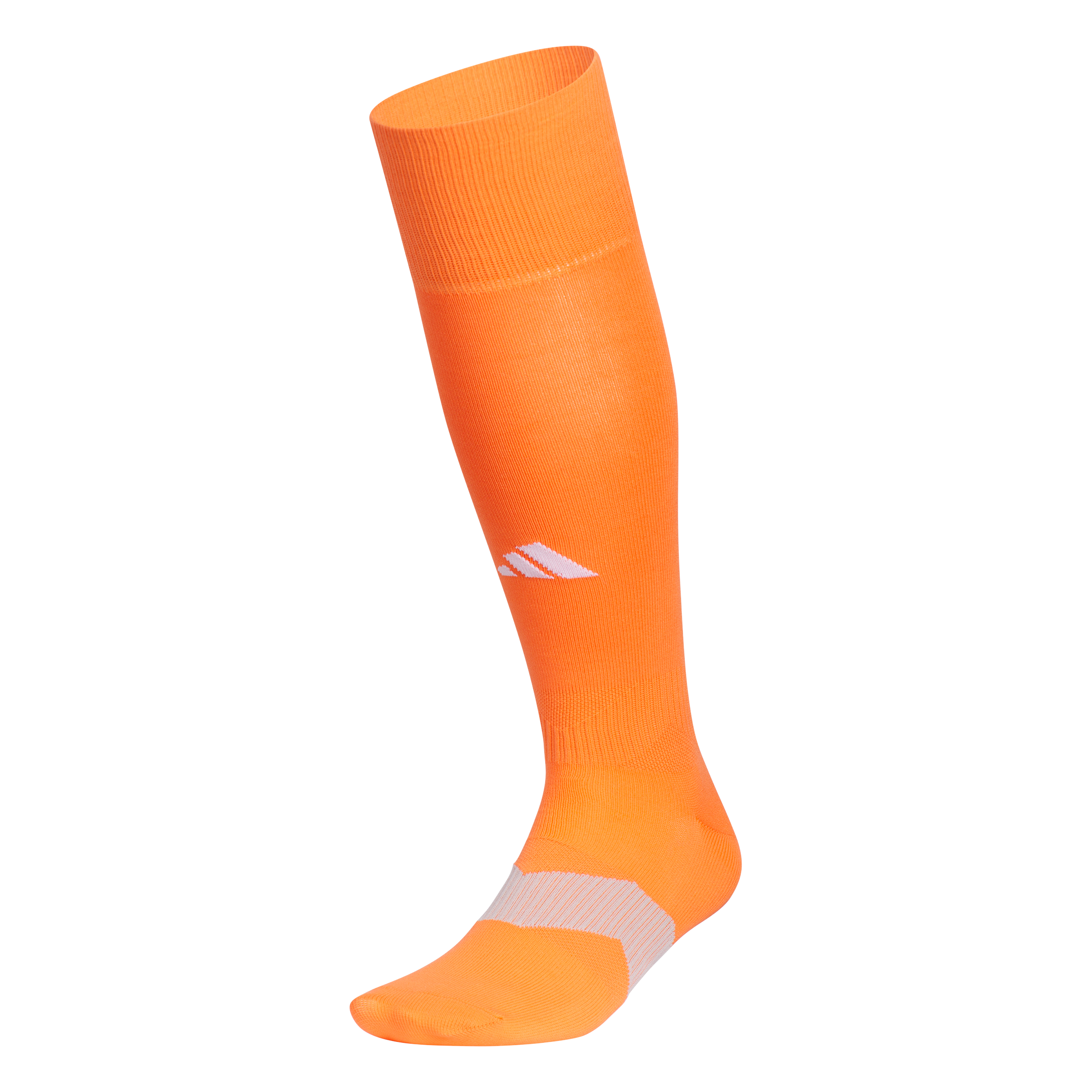 A bright orange Adidas knee-high athletic sock featuring a white logo on the shin and a white ribbed arch band.