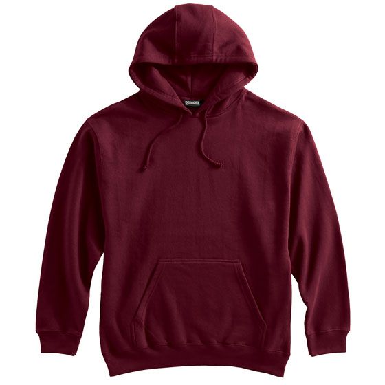 Maroon long-sleeved pullover hoodie with a front kangaroo pocket and adjustable drawstrings, shown against a plain white background.
