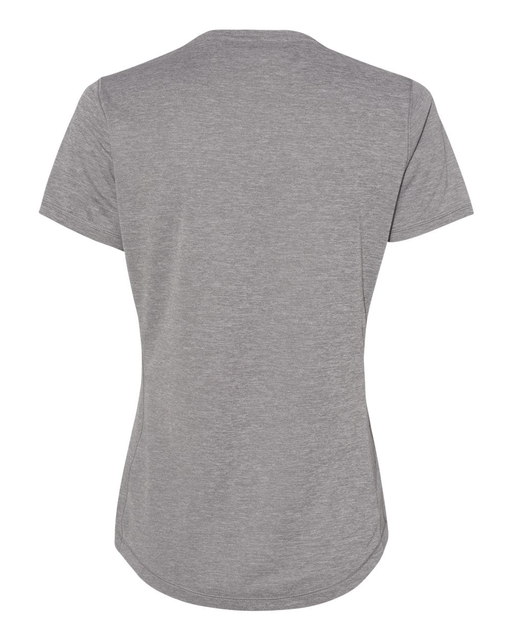 Back view of a grey, heathered short-sleeve t-shirt with a curved hem.