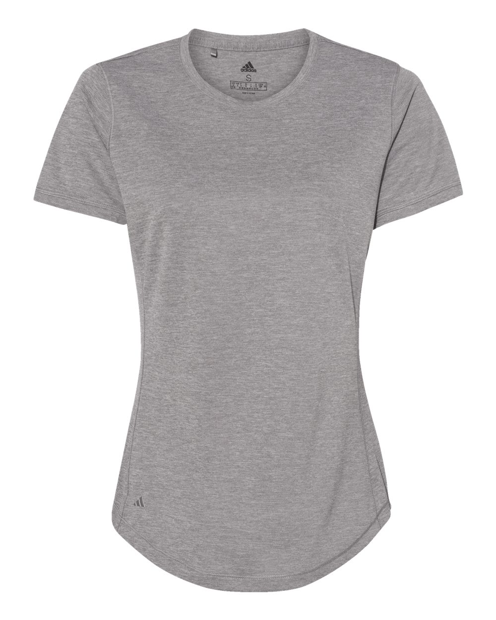 A grey heather, short-sleeved Adidas athletic t-shirt featuring a crew neck and a curved hem.
