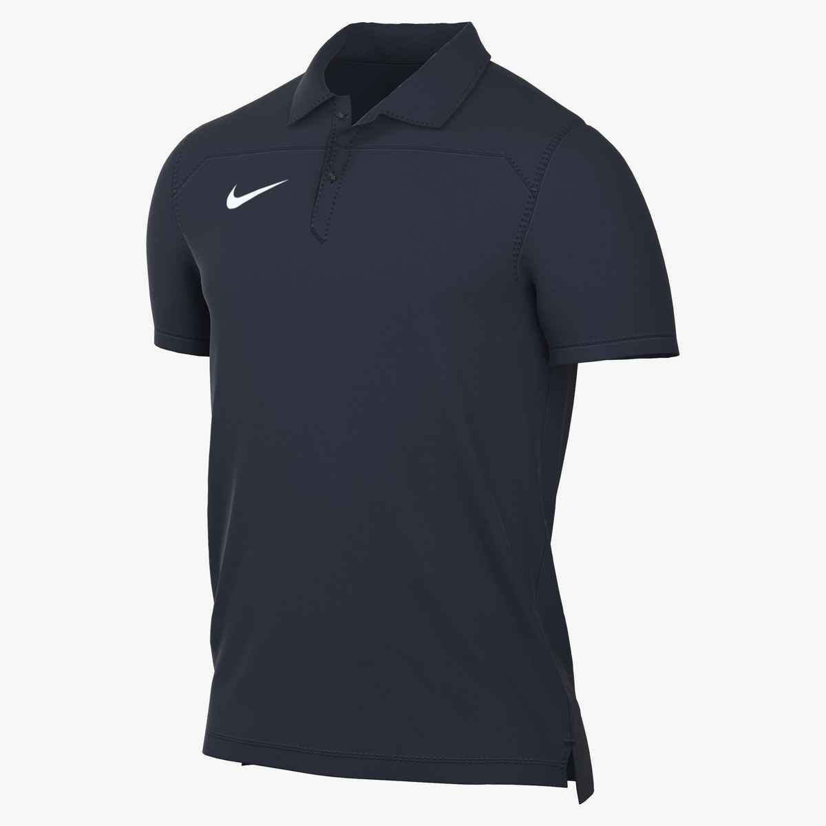 A dark navy blue short-sleeved Nike polo shirt with a white swoosh logo on the left chest, shown against a white background.