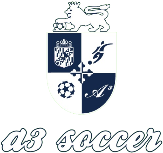 A logo for a3 soccer featuring a white crowned lion resting its paw on a soccer ball, perched atop a quartered shield. The shield's quadrants contain a regional crest, a stylized soccer player, a star-patterned soccer ball, and a script "A cubed" symbol. Below the shield, the text "a3 soccer" is written in a stylized white script font. The entire logo uses a dark blue and white color scheme on a black background.