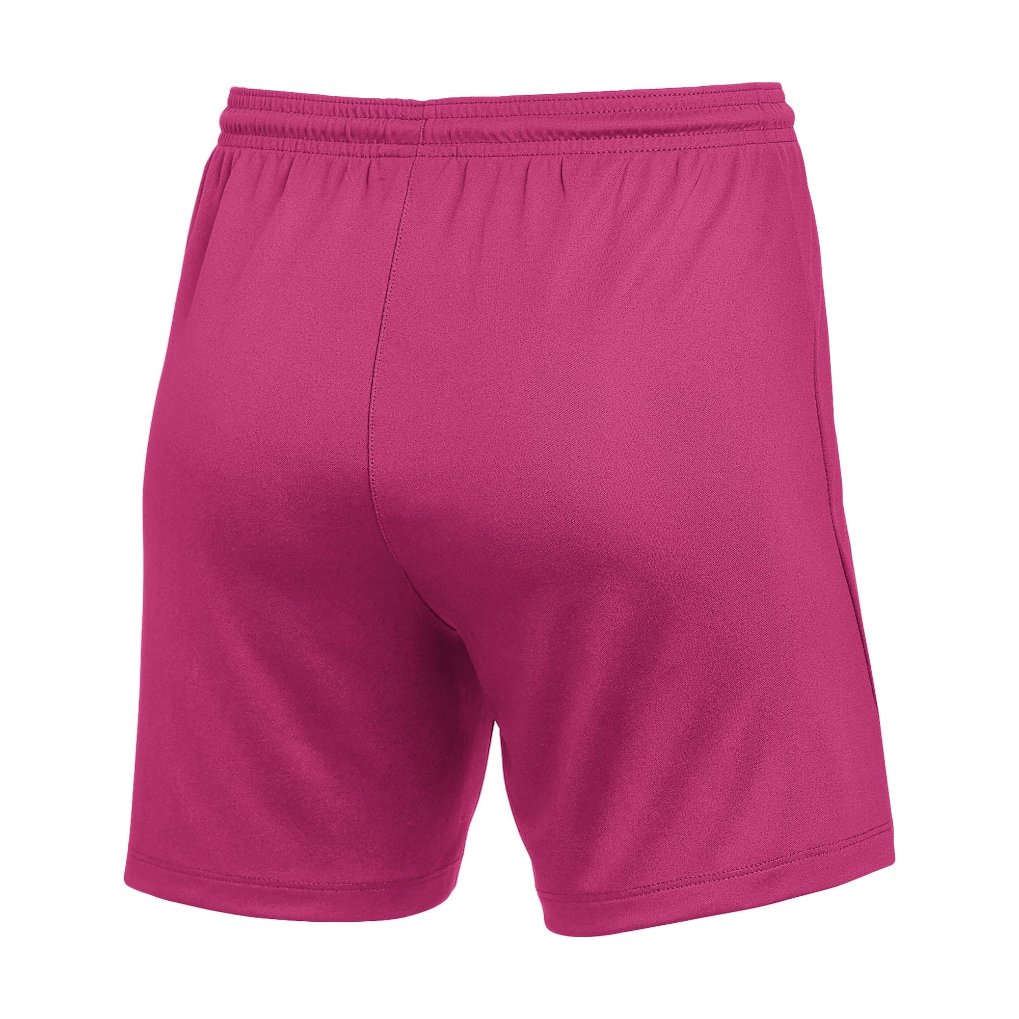 Rear view of bright pink athletic shorts with an elastic waistband.