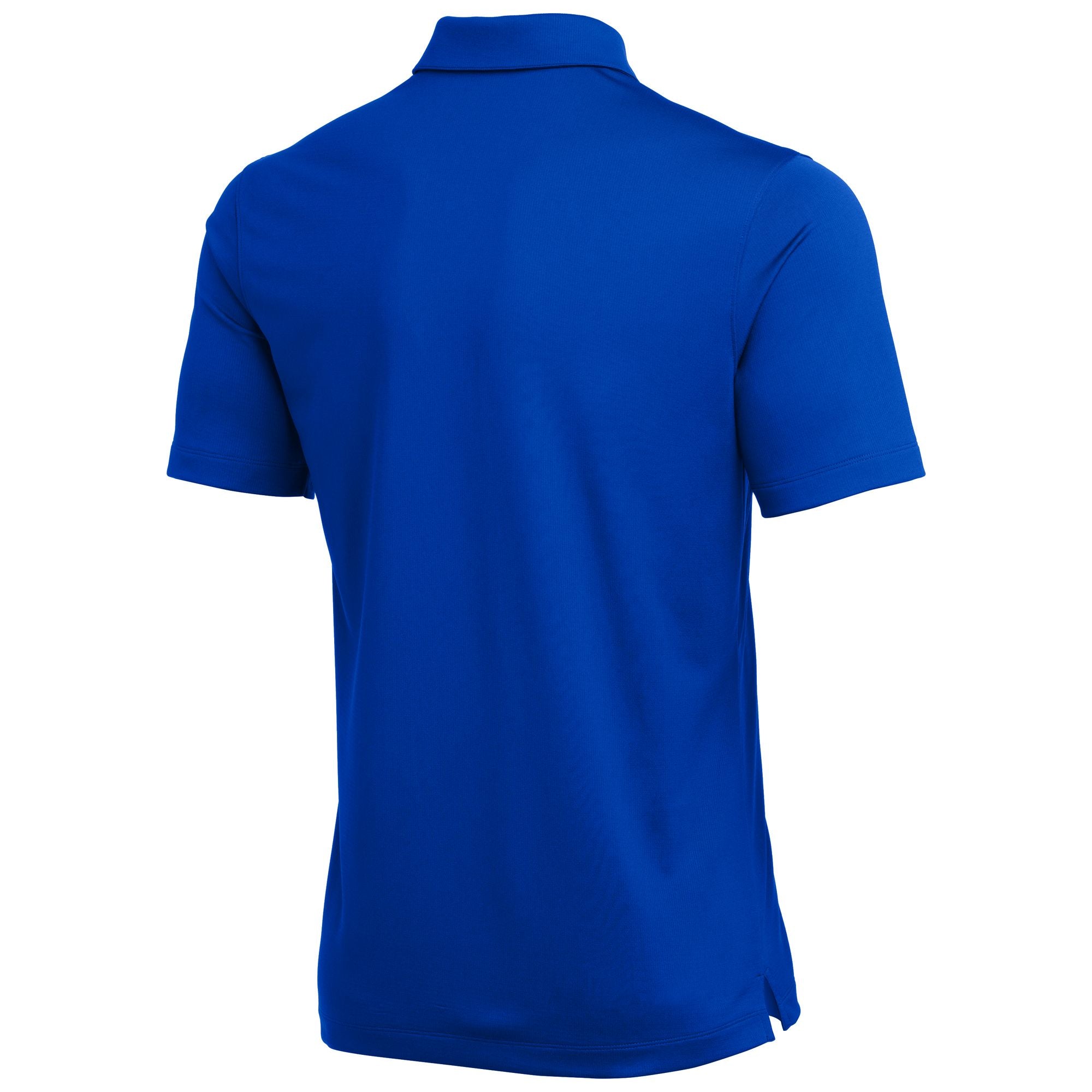 Back view of a solid royal blue short-sleeve polo shirt with a collar and side-slit hem, made of a textured performance fabric.