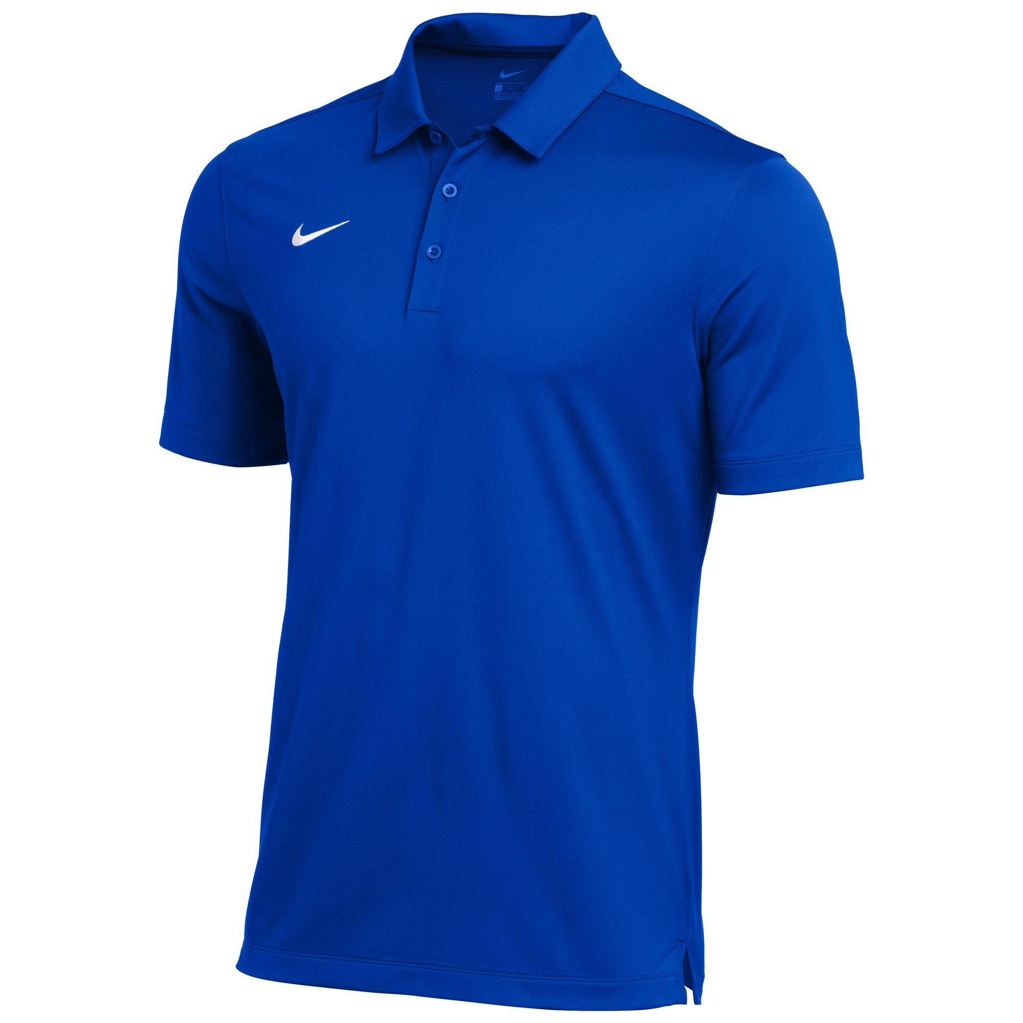 A royal blue Nike short-sleeved polo shirt featuring a white swoosh logo on the chest and a classic three-button placket.