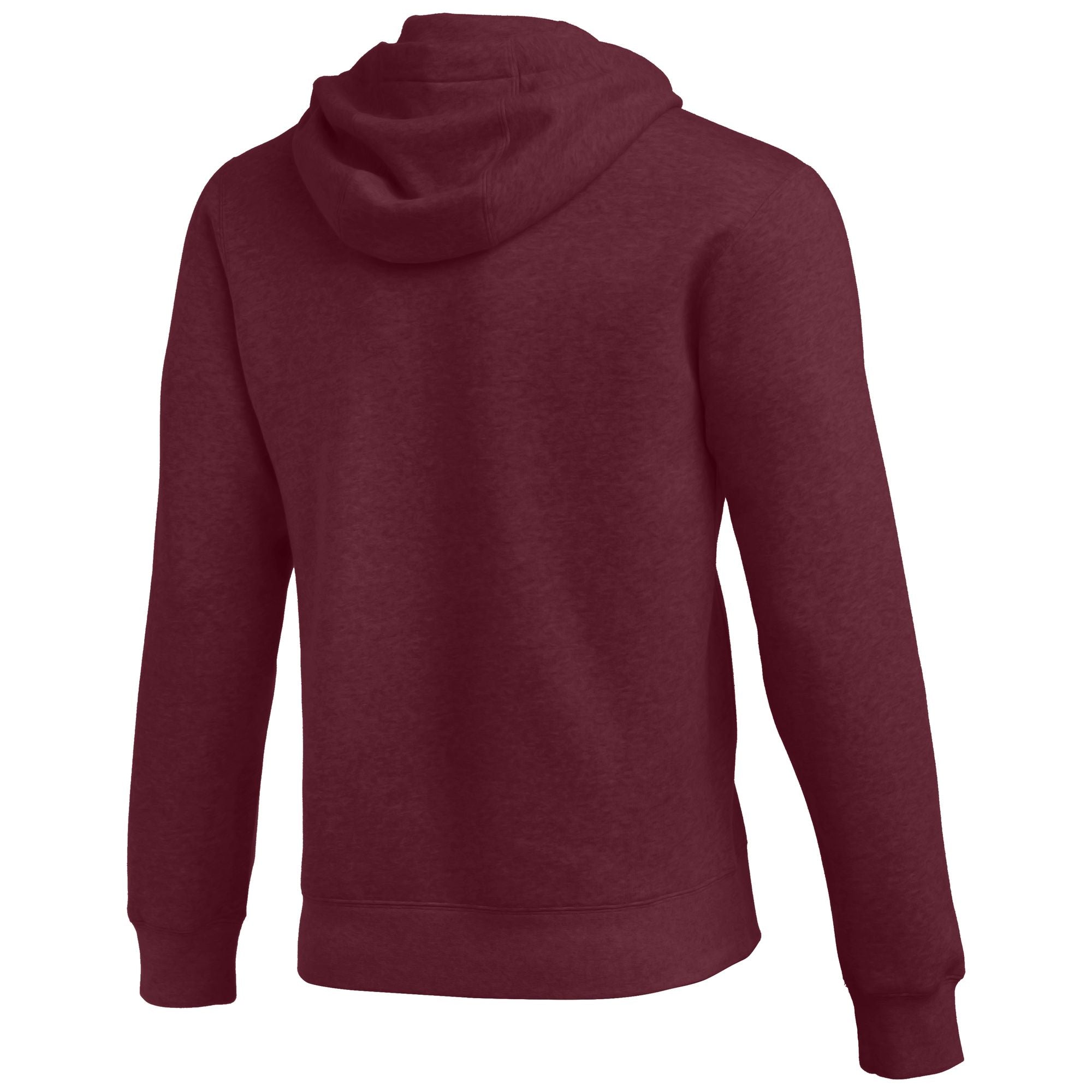 Back view of a maroon heathered hoodie with long sleeves, ribbed cuffs, and a ribbed hem, set against a plain white background.