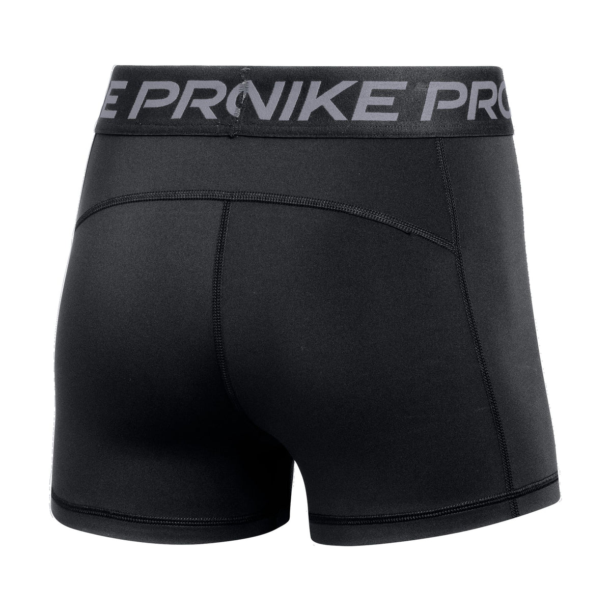 Back view of black Nike Pro compression shorts featuring a grey waistband with "NIKE PRO" text and contoured stitching, isolated on a white background.