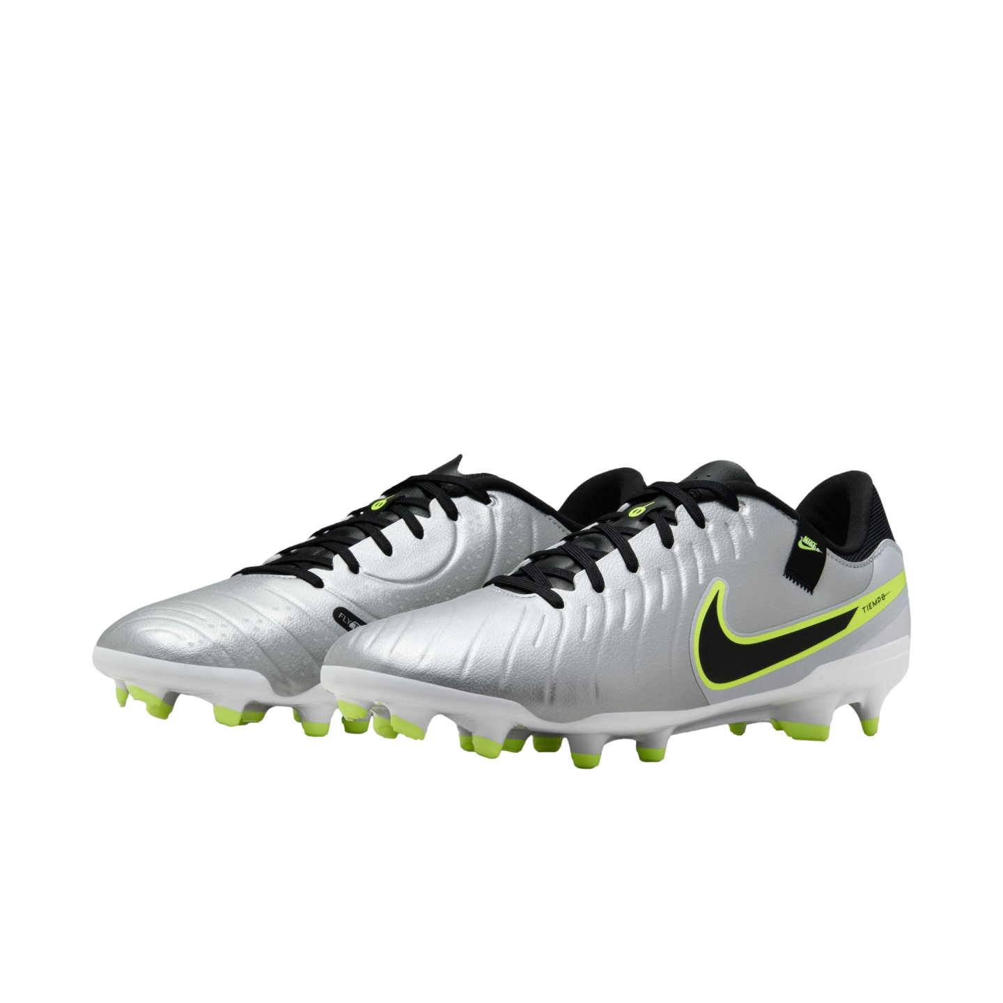 (NIKE-DV4337-001) Botas de fútbol para terreno firme Nike Tiempo Legend 10 Academy [PLATA METALIZADA/NEGRO VOLTIO] (lanzamiento el 17/10/24)