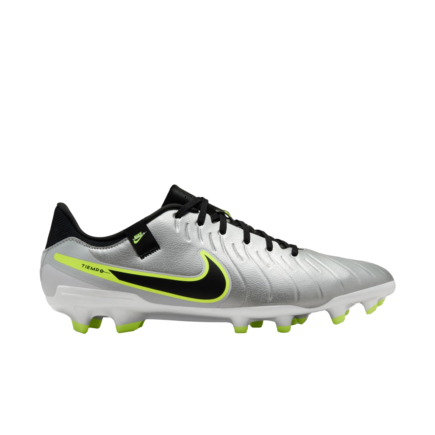 (NIKE-DV4337-001) Botas de fútbol para terreno firme Nike Tiempo Legend 10 Academy [PLATA METALIZADA/NEGRO VOLTIO] (lanzamiento el 17/10/24)