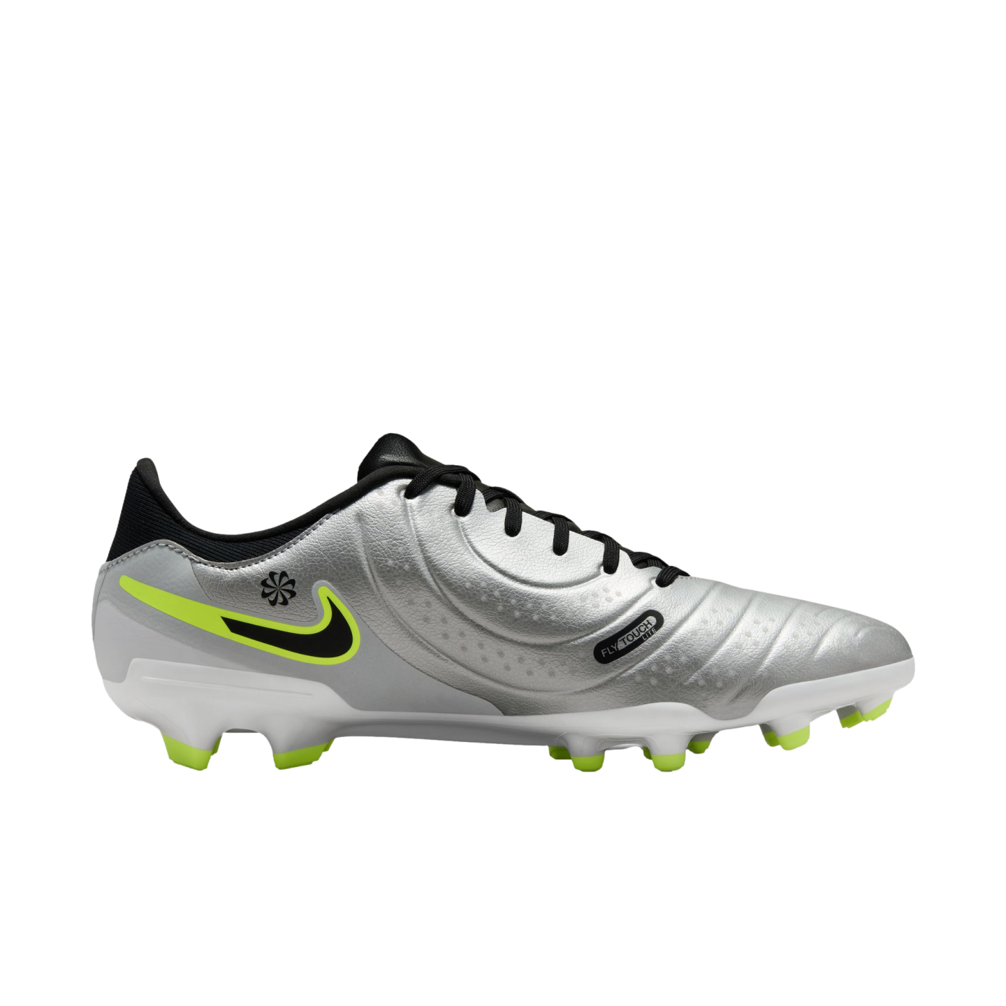 (NIKE-DV4337-001) Botas de fútbol para terreno firme Nike Tiempo Legend 10 Academy [PLATA METALIZADA/NEGRO VOLTIO] (lanzamiento el 17/10/24)