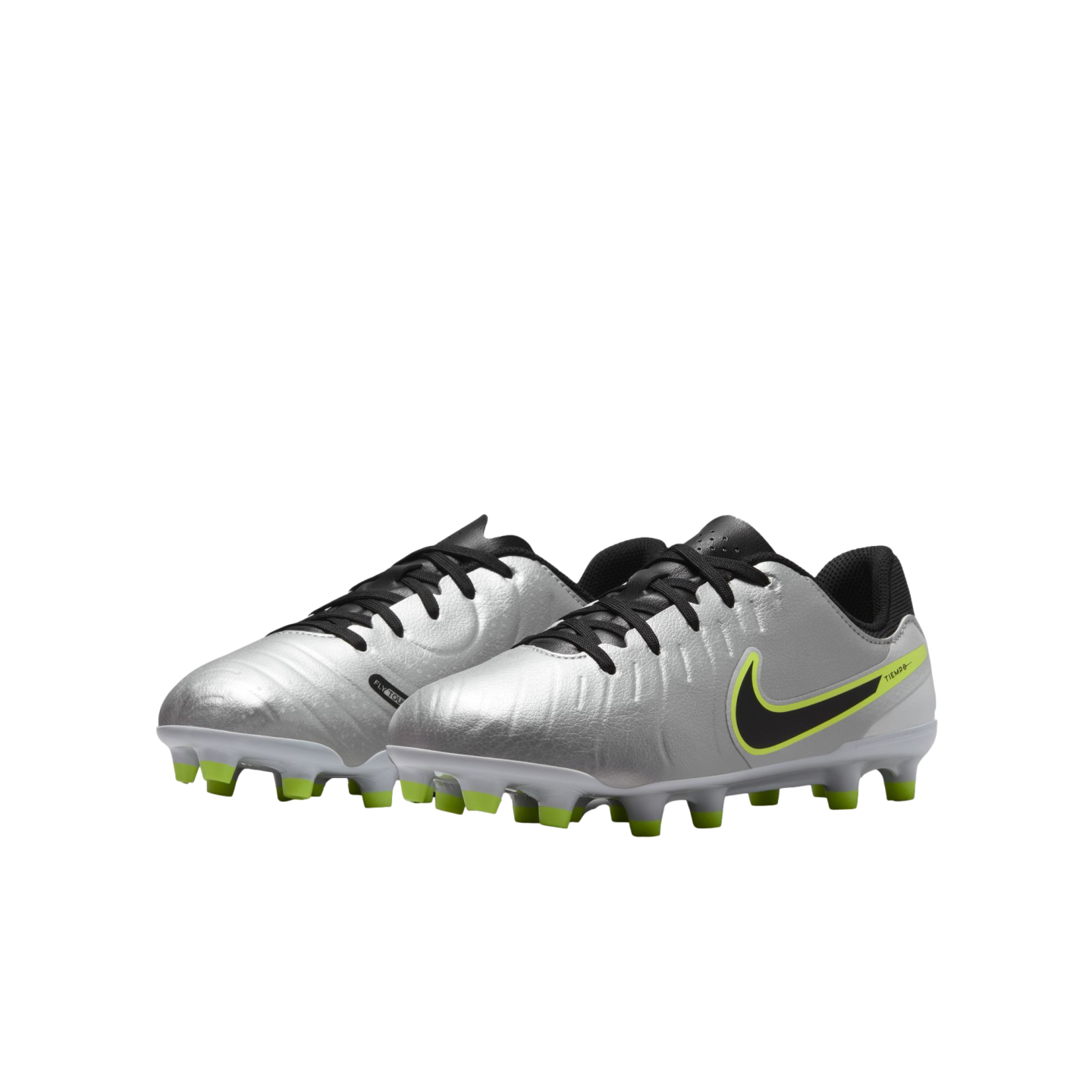 (NIKE-DV4348-001) Botas de fútbol para terreno firme para jóvenes Nike Tiempo Legend 10 Academy [PLATA METALIZADA/NEGRO VOLTIO] (lanzamiento el 17/10/24)