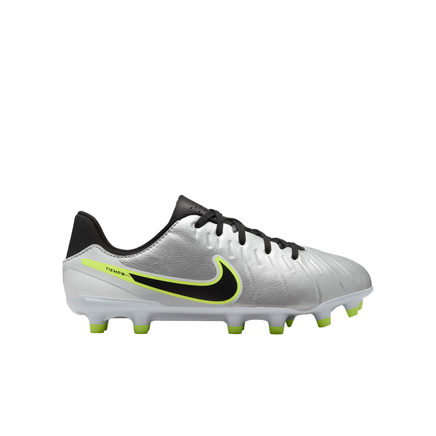 (NIKE-DV4348-001) Botas de fútbol para terreno firme para jóvenes Nike Tiempo Legend 10 Academy [PLATA METALIZADA/NEGRO VOLTIO] (lanzamiento el 17/10/24)