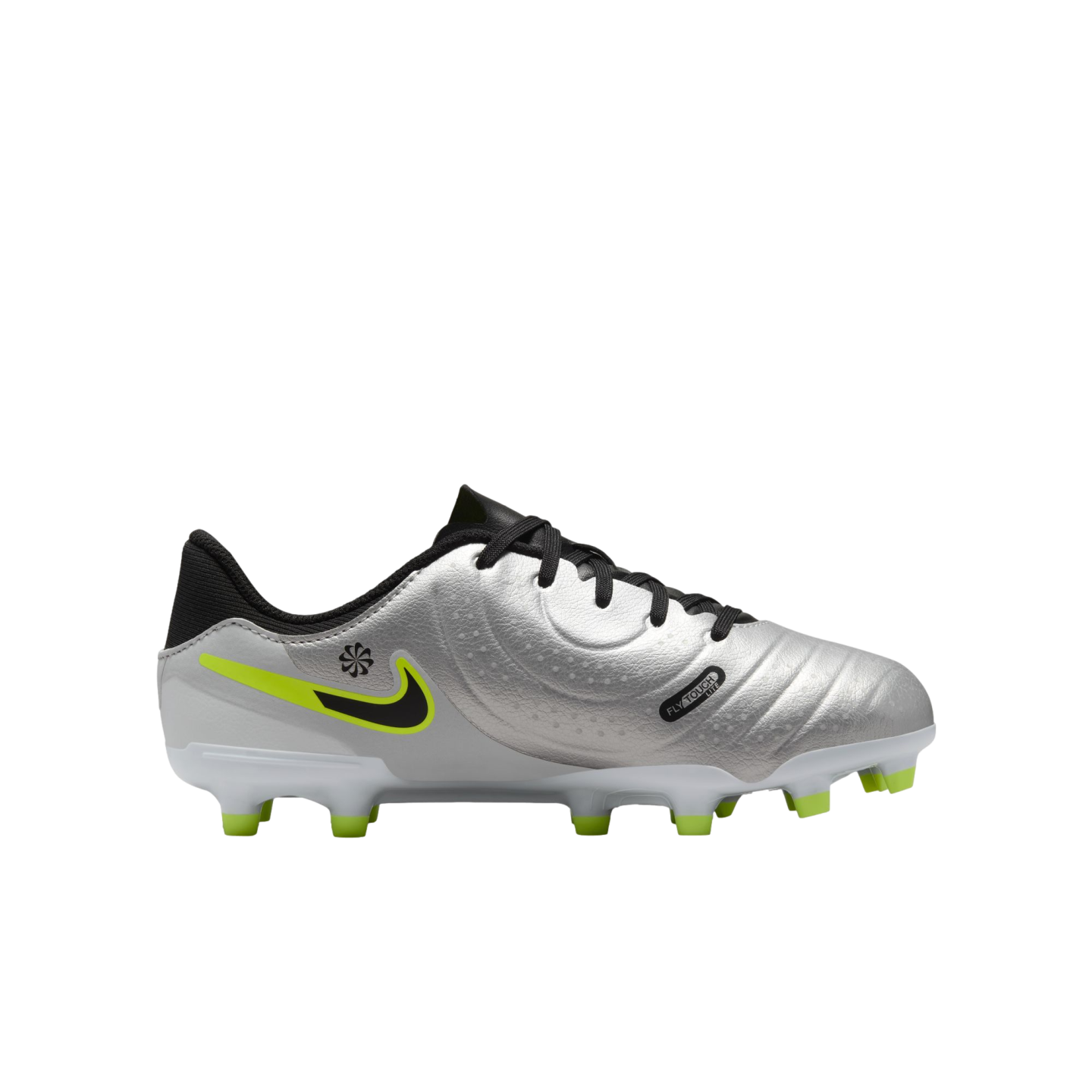 (NIKE-DV4348-001) Botas de fútbol para terreno firme para jóvenes Nike Tiempo Legend 10 Academy [PLATA METALIZADA/NEGRO VOLTIO] (lanzamiento el 17/10/24)