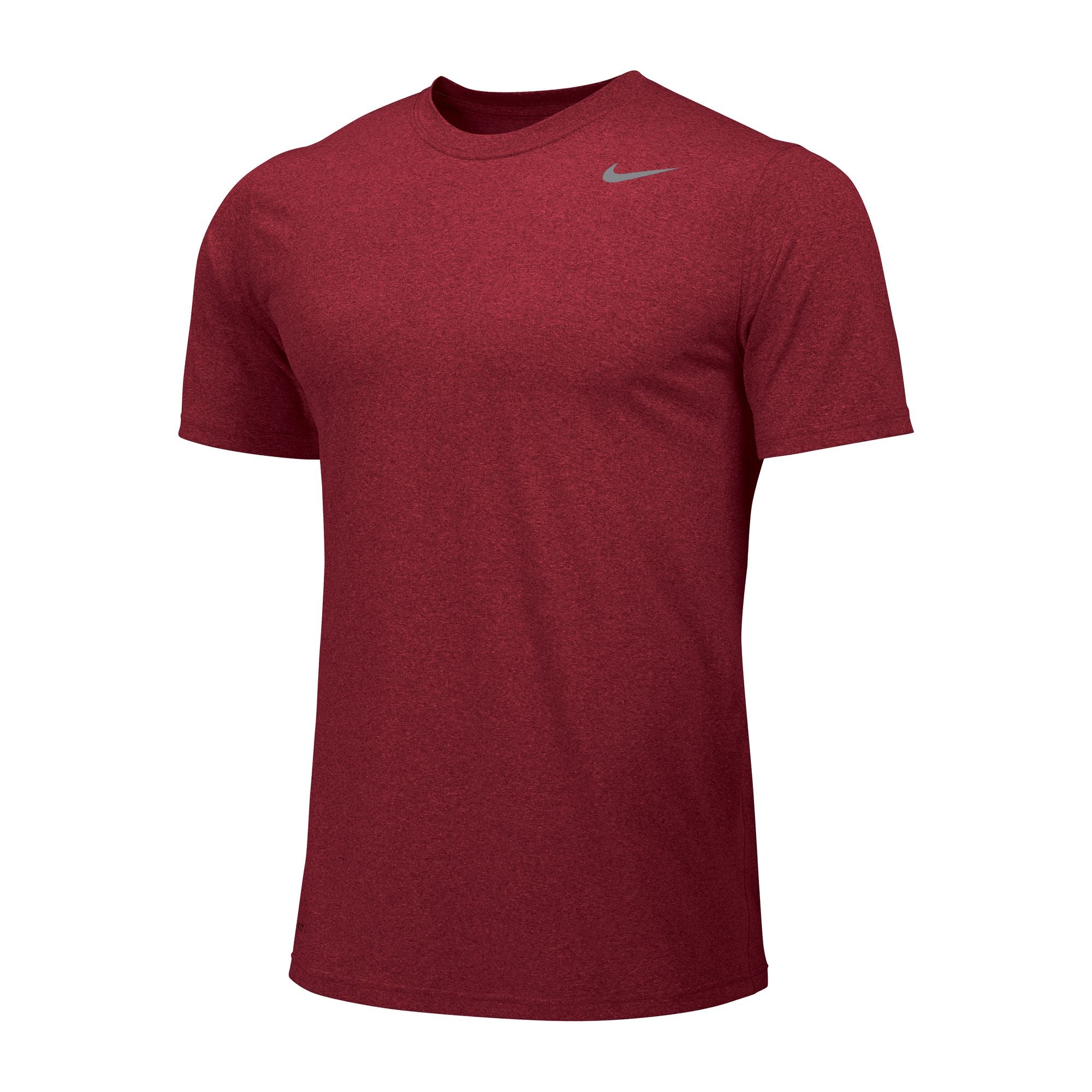 Maroon heathered Nike short-sleeve athletic t-shirt with a crew neck and small gray swoosh logo on the chest.