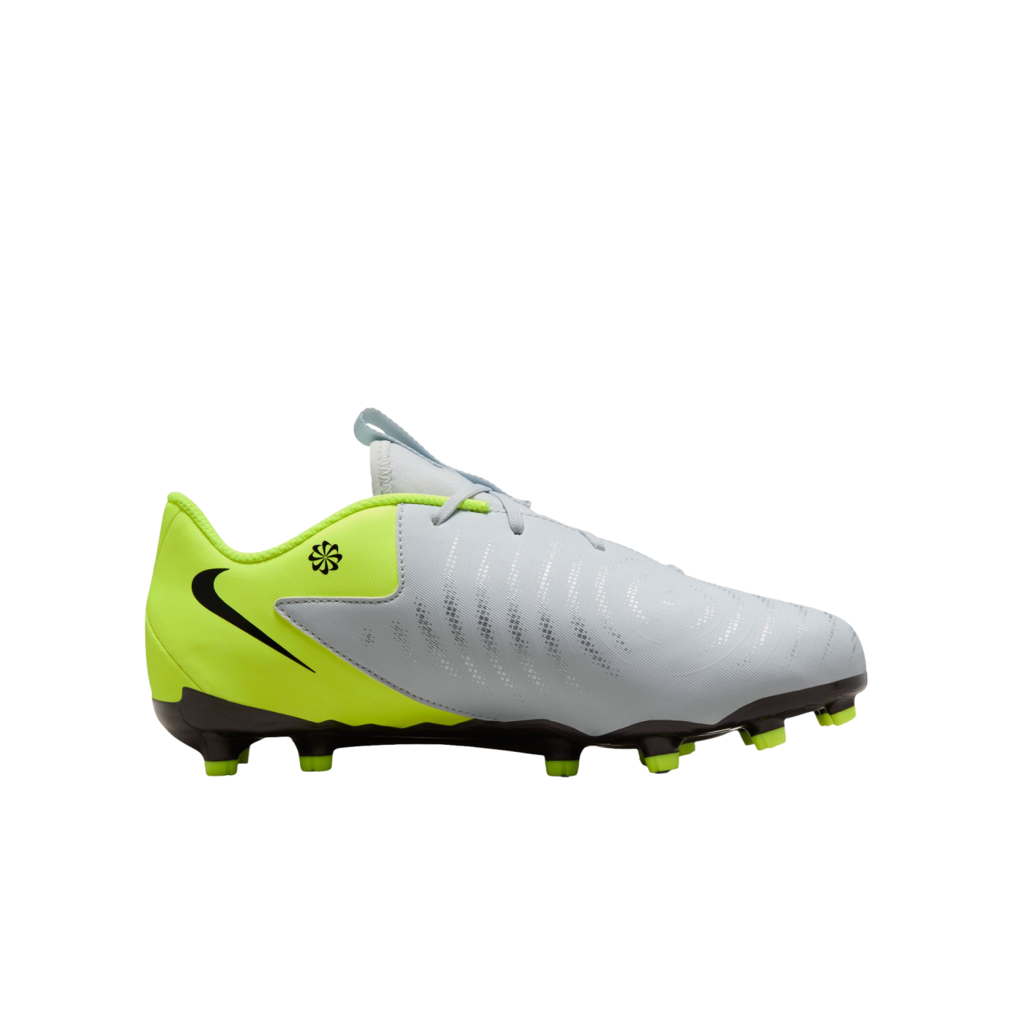 (NIKE-FD6722-003) Botas de fútbol para terreno firme para jóvenes Nike Phantom GX 2 Academy [PLATA METALIZADA/NEGRO VOLTIO] (lanzamiento el 17/10/24)