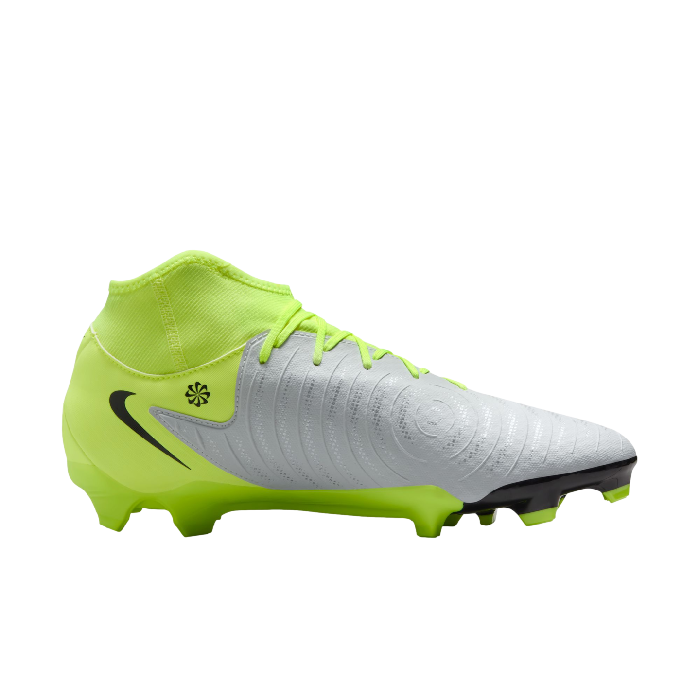 (NIKE-FD6725-003) Botas de fútbol para terreno firme Nike Phantom Luna 2 Academy [PLATA METALIZADA/NEGRO VOLTIO] (lanzamiento el 17/10/24)