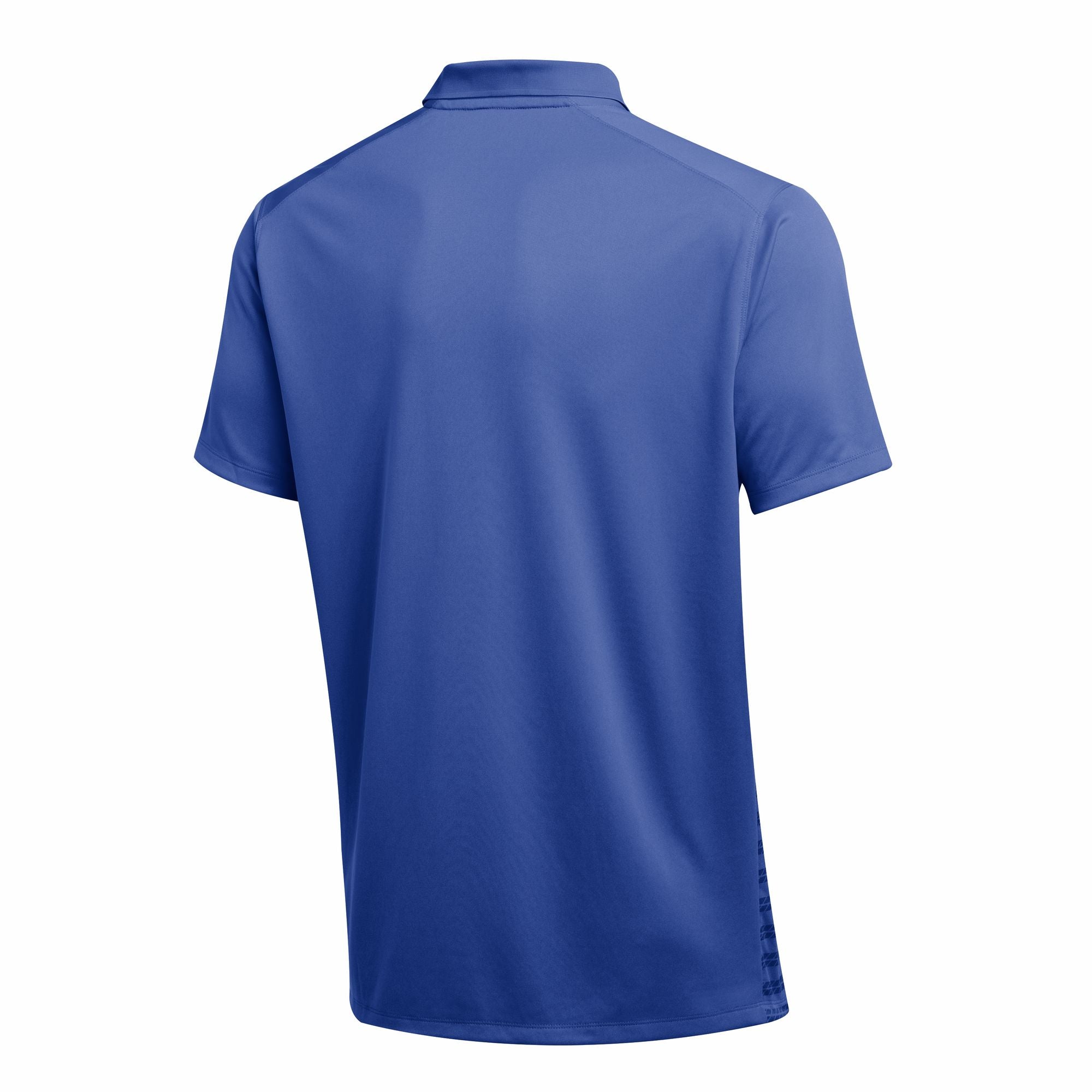 Back view of a short-sleeved royal blue polo shirt with a collar, featuring a subtle pattern on the lower right side.