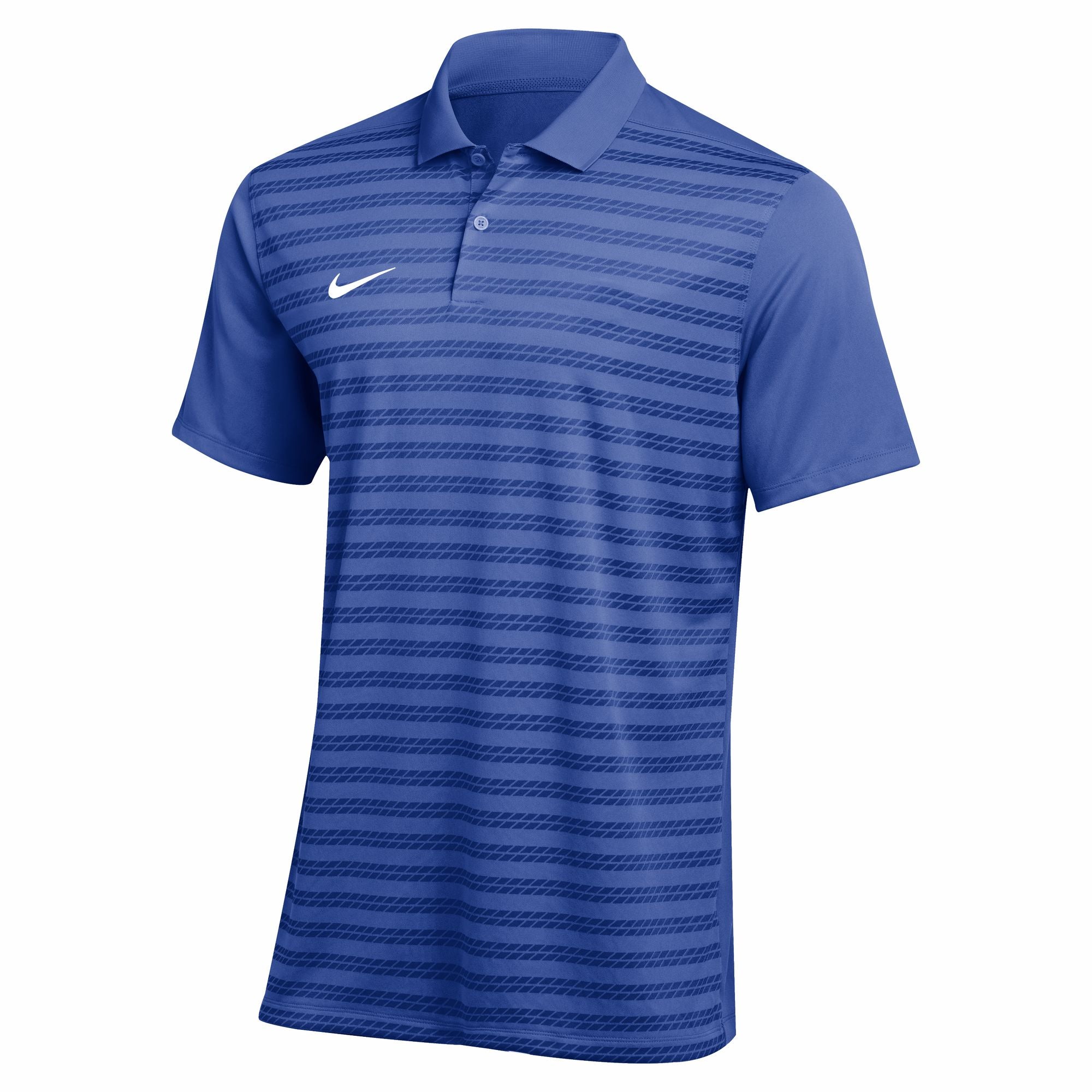A blue Nike short-sleeved polo shirt featuring a white swoosh logo and a tonal horizontal striped pattern.