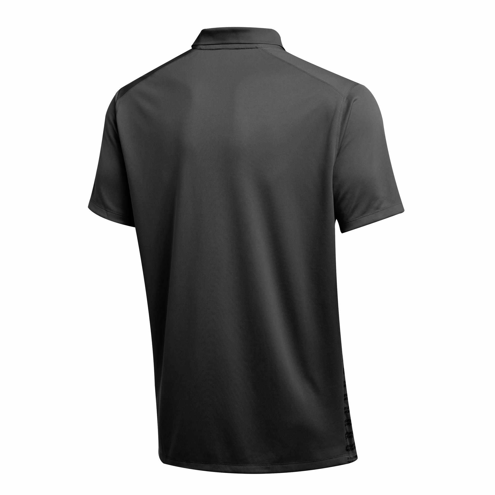 Back view of a dark grey short-sleeved polo shirt with a collar, set against a plain white background.