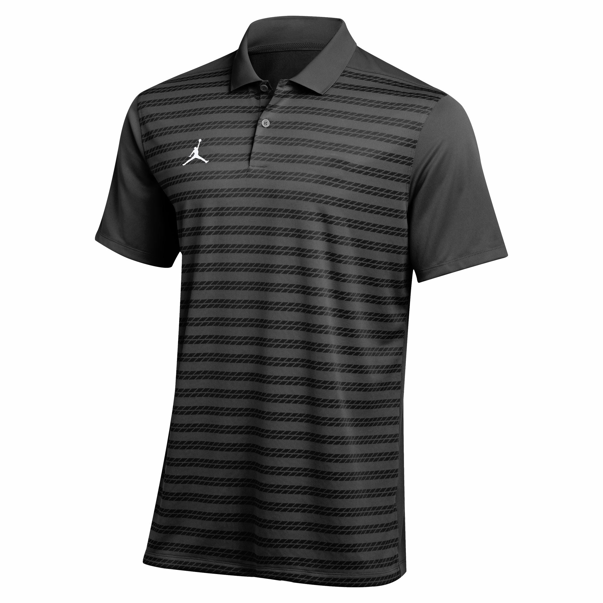A dark grey Jordan polo shirt with black horizontal stripes and a white Jumpman logo on the chest.