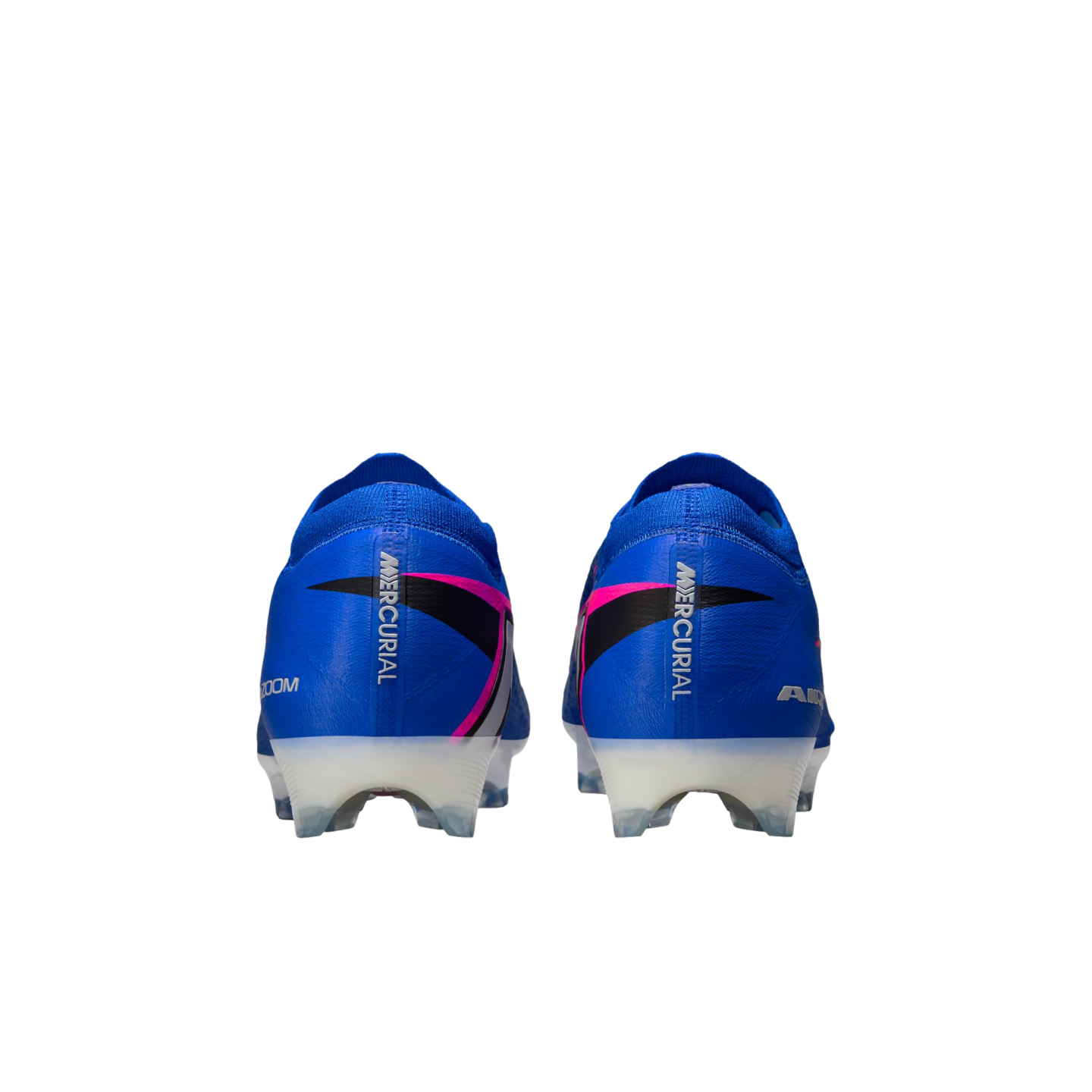 Rear view of blue Nike Mercurial soccer cleats with pink and black accents and white soles, isolated on a black background.
