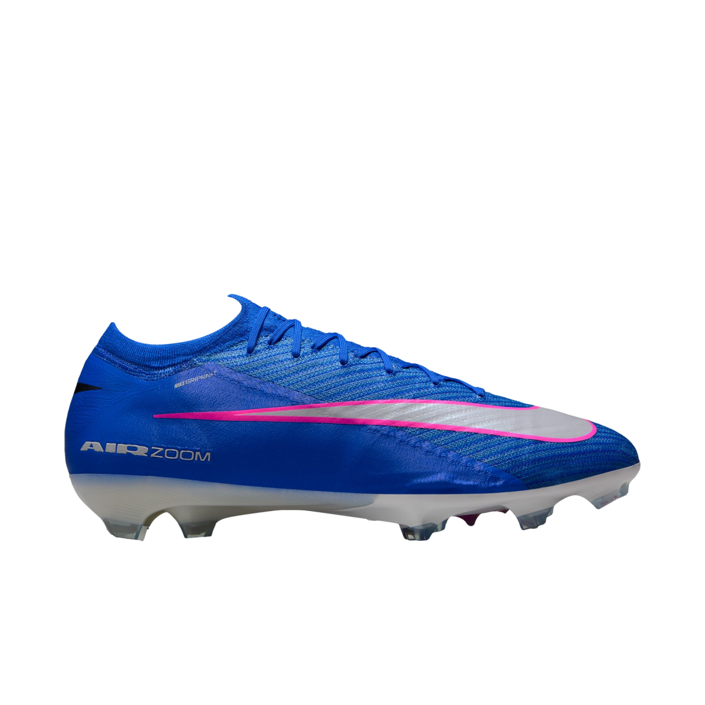 A blue Nike soccer cleat with a silver swoosh outlined in pink. The shoe features white "AIR ZOOM" branding on the side and a white, translucent cleated sole against a black background.