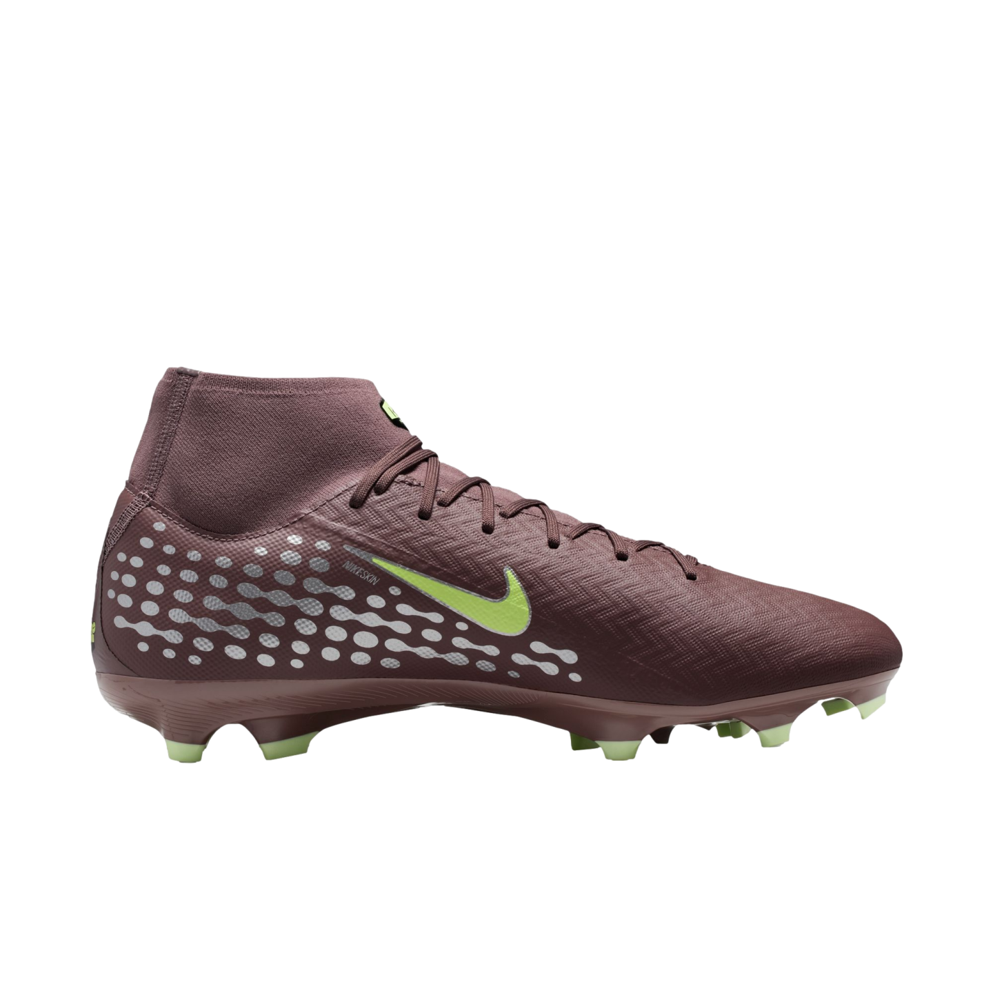 A maroon Nike soccer cleat with lime green accents, a high-top sock collar, and a silver patterned heel design on a black background.