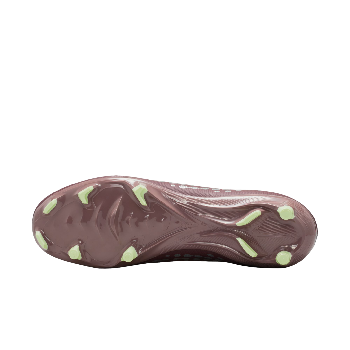 Sole of a dark maroon soccer cleat with lime green studs on a black background.