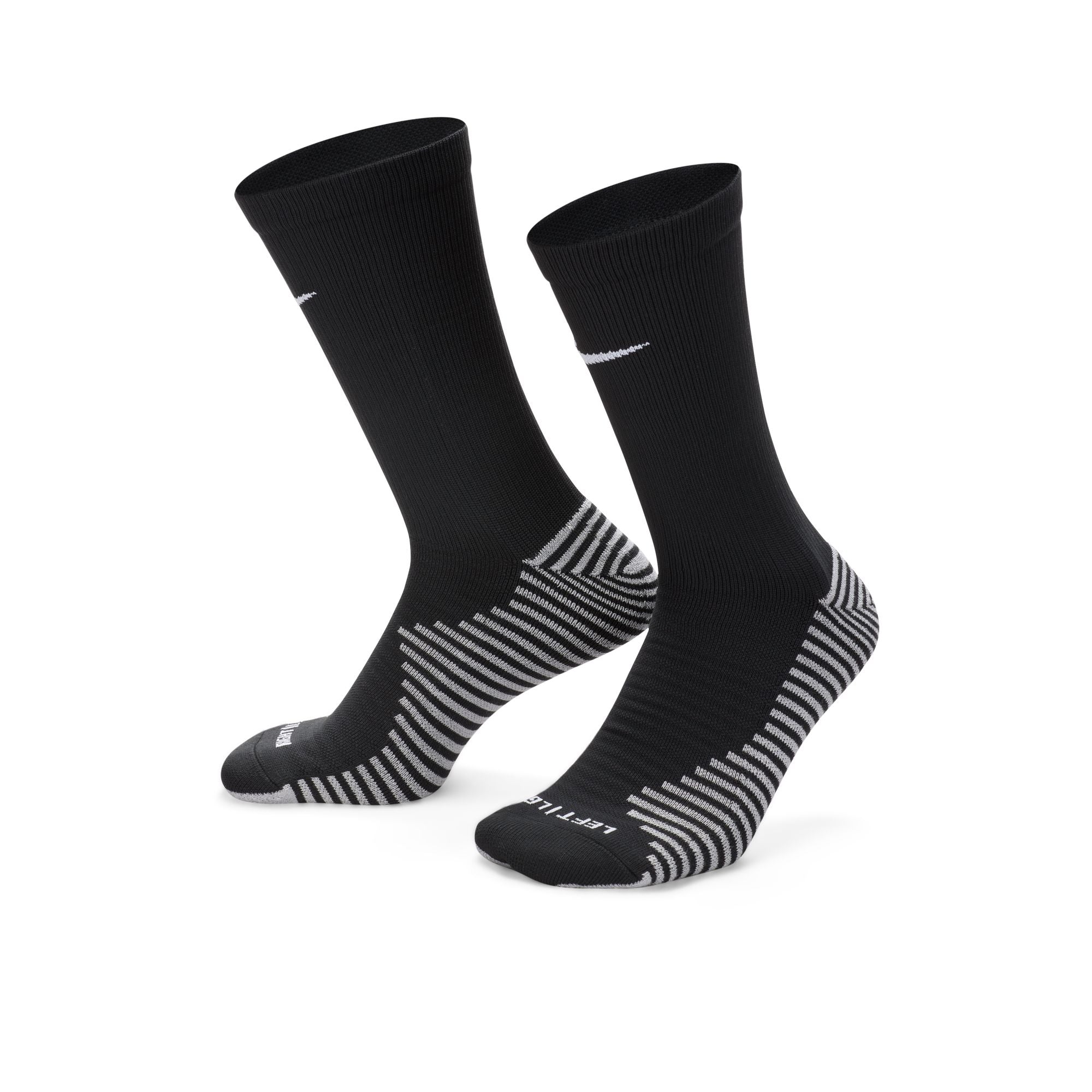 A pair of black crew-length athletic socks with white striped accents on the heel and forefoot, small white logos, and "LEFT" and "RIGHT" markings on the toes.