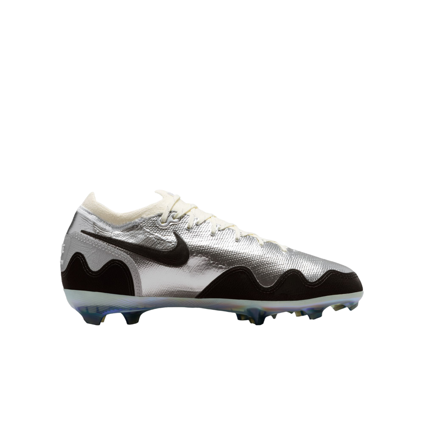A profile view of a metallic silver Nike soccer cleat with a black Swoosh and wavy black base overlays. It features off-white laces and collar, and sits on a translucent, iridescent soleplate against a solid black background.