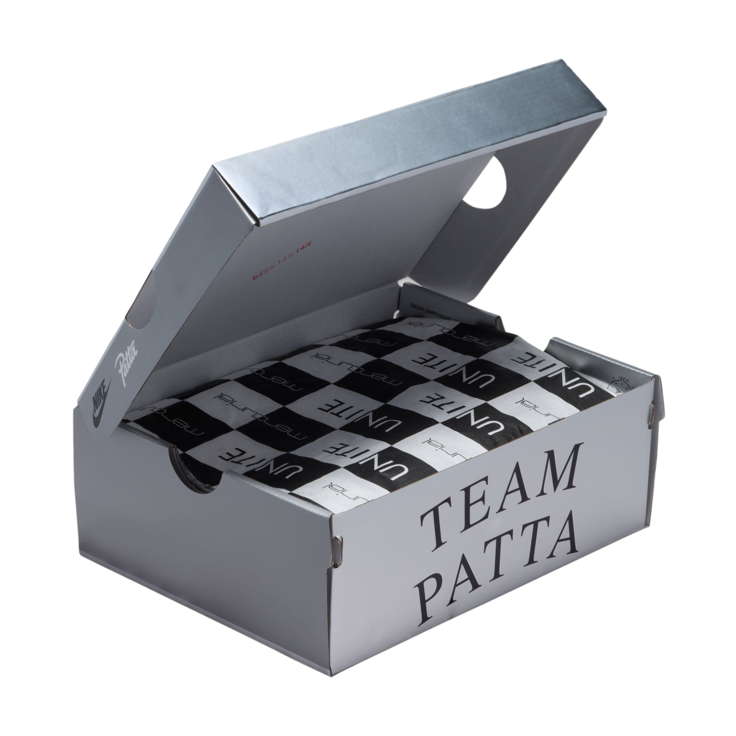 An open metallic silver shoe box sits against a black background. On the side of the box, the words “TEAM PATTA” are printed in black. On the side of the lid, a Nike logo appears next to a script “Patta” logo. The box contains black and white checkered tissue paper with the words “UNITE” and “mercurial” printed across it.