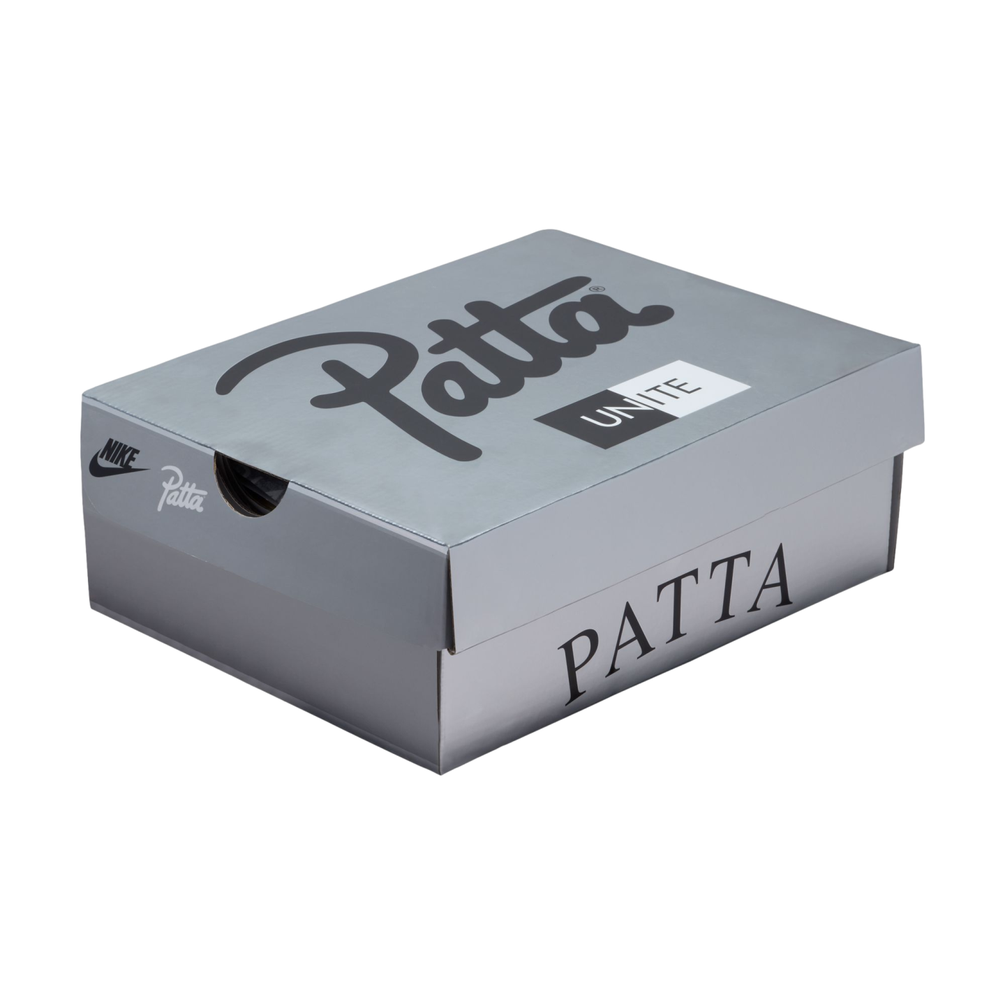 A closed, metallic gray shoebox is displayed in a three-quarter perspective against a solid black background. The top lid features a large black script logo for "Patta" and a small white rectangle containing the word "UNITE" in black. The side of the box shows the Nike swoosh logo alongside a smaller "Patta" script on the left, and the word "PATTA" in a large, all-caps serif font on the right.