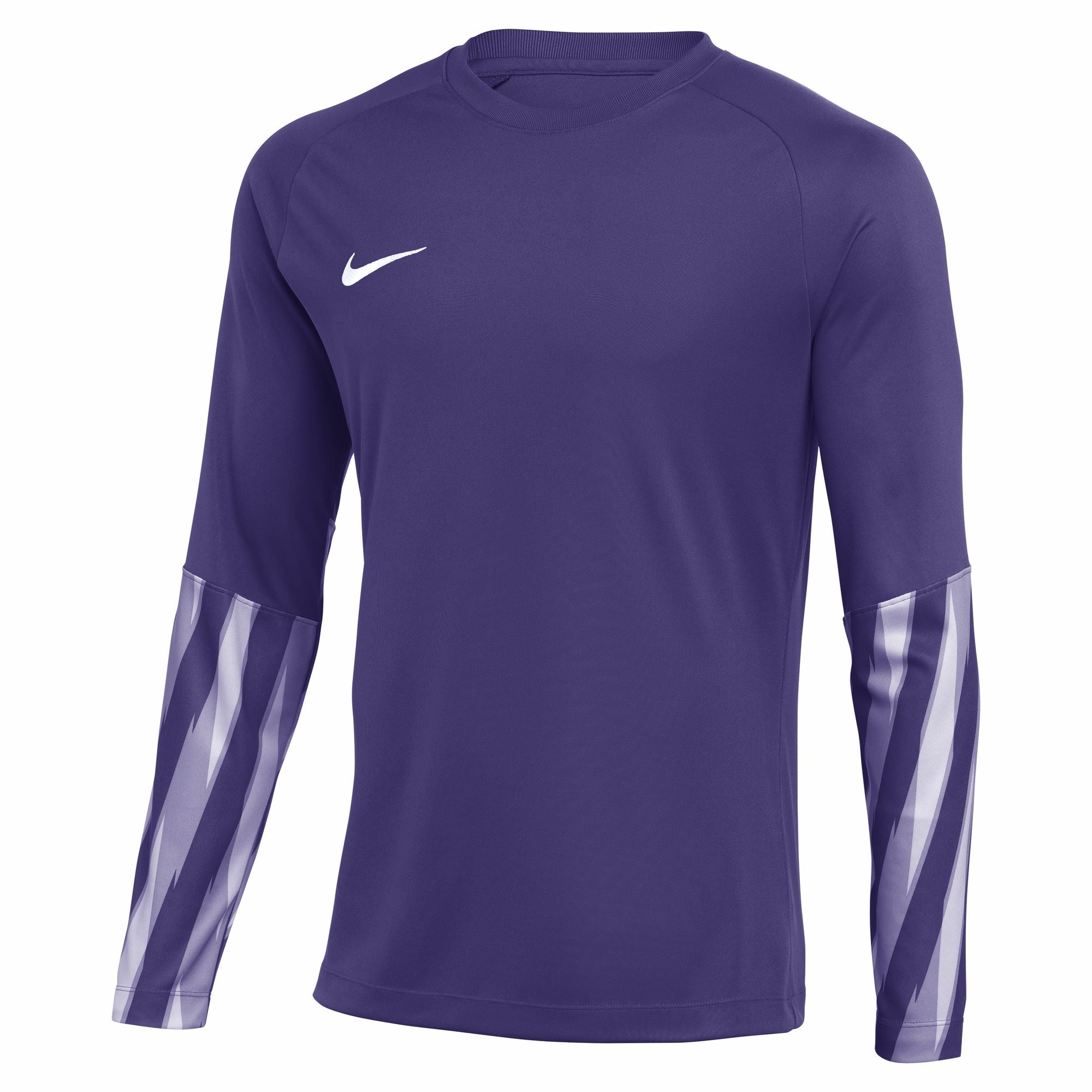 A purple Nike long-sleeve athletic shirt featuring a white Nike swoosh on the upper chest and a light purple and grey vertical wavy pattern on the lower half of both sleeves.
